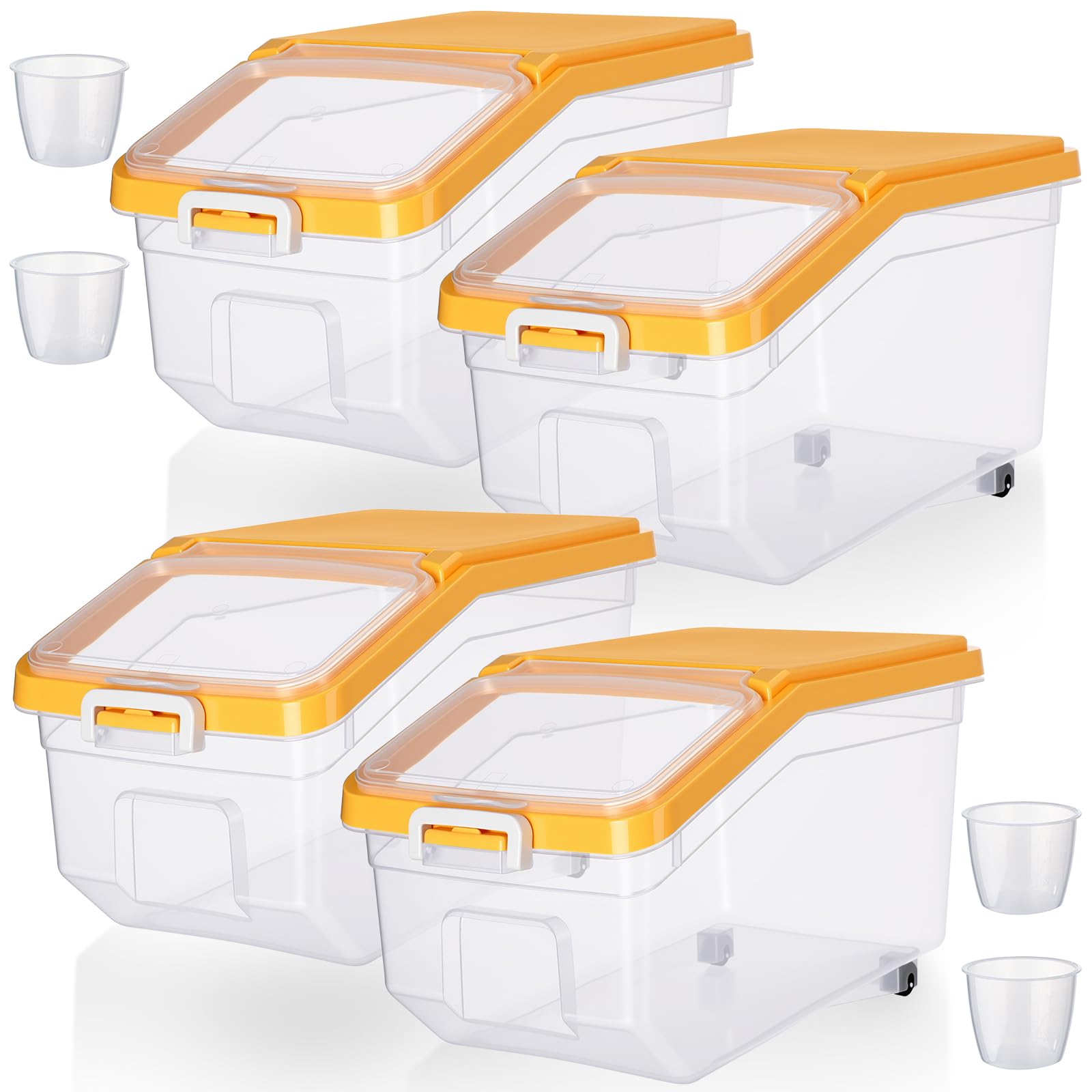 Sunnyray 4 Pcs Rice Storage Container 22 lb Airtight Flour Container with Wheels Measuring Cup Clear Pet Dog Cat Birds Food Bin 