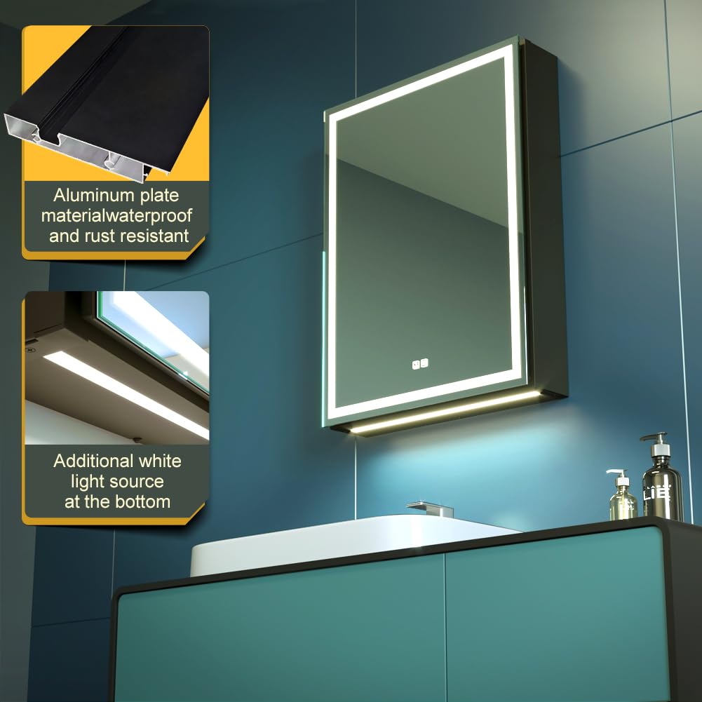 Kww 20 X 28 Inch Led Lighted Bathroom Medicine Cabinet With Sockets & Usbs, Defogger, Dimmable, 3 Color Light Makeup Mirror, Eas