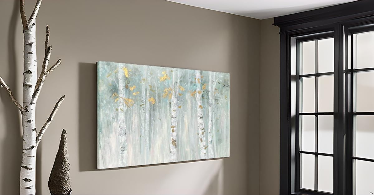 Yihui Arts Birch Tree Canvas Wall Art With Gold Foil - Abstract Forest Paintings With Textured - Green Landscape Pictures For Li