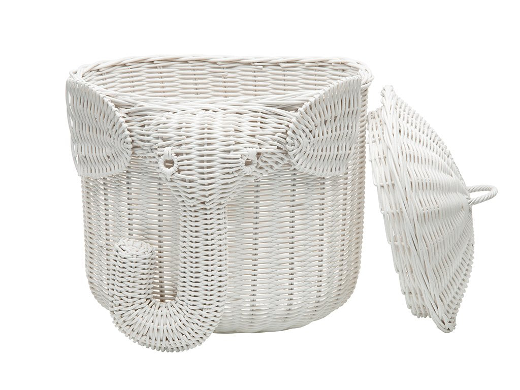 Kouboo Rattan Elephant Storage Bin - Handwoven Decorative Organizer, White, Model 1060103