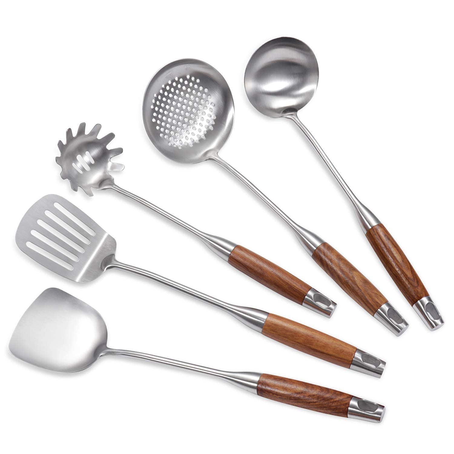 Iqcwood Cooking Utensils Set, 5 Piece Wooden Utensils For Cooking, Stainless Steel Cooking Utensils, Wooden Spatula Kitchen Tool