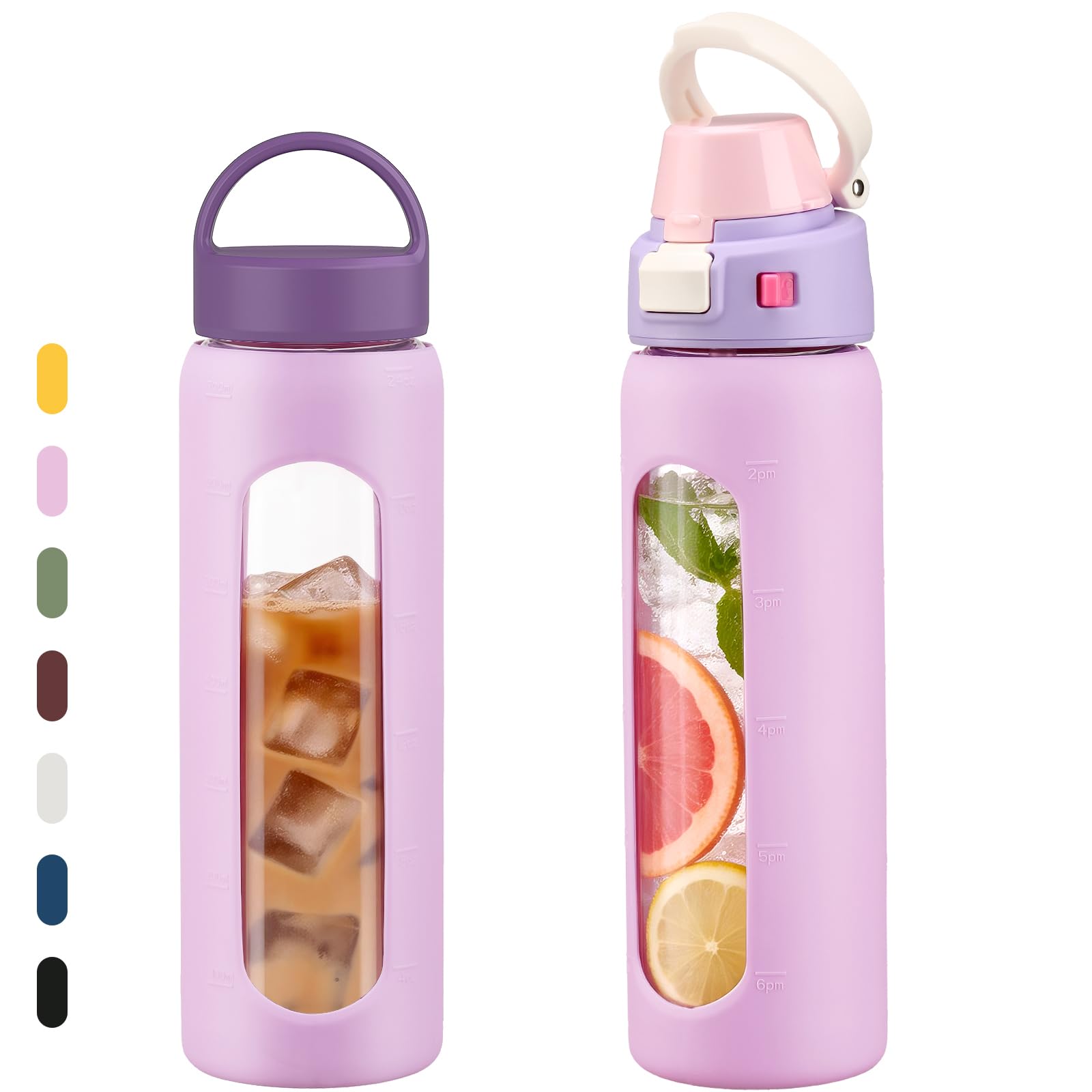 MUKOKO 24oz Glass Water Bottle with Straw, 2 LidsStaw Lid and Screw Handle Lid, Reusable Drinking Bottle with Time Marker for S