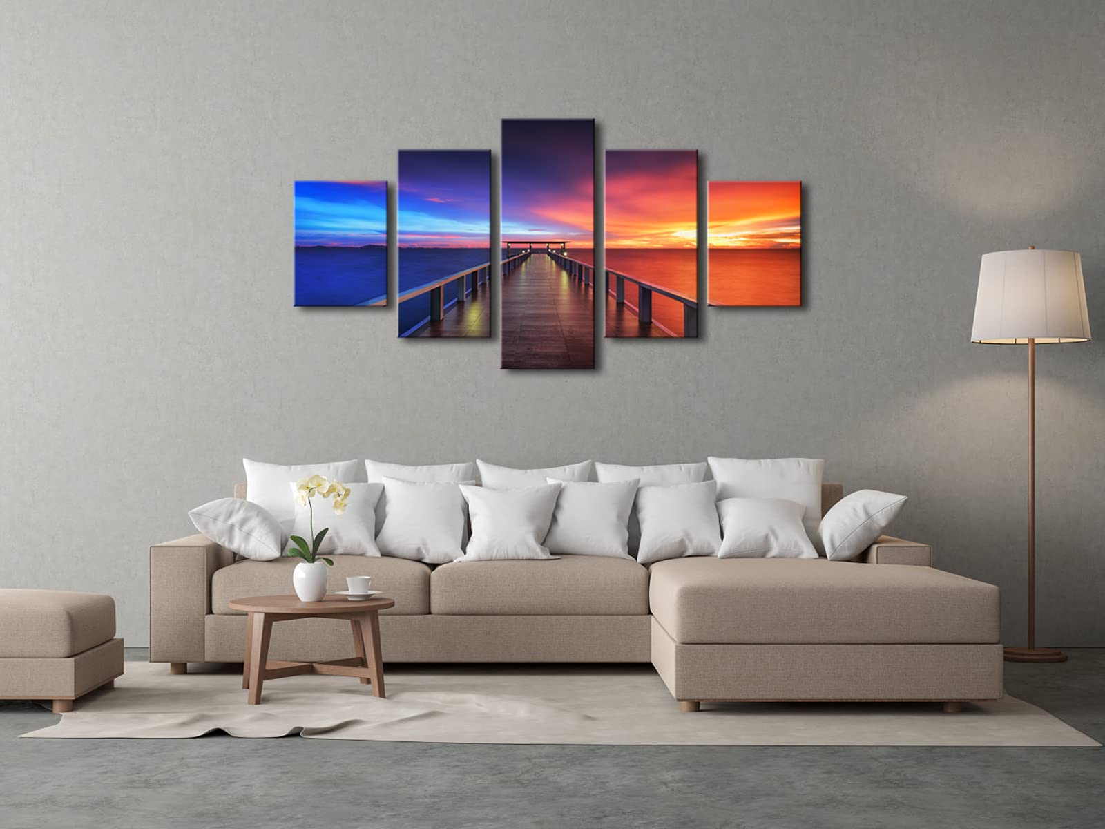 Pyradecor Sunset Bridge Large Modern 5 Piece Gallery Wrapped Seascape Artwork Giclee Canvas Prints Red And Blue Landscape Pictur
