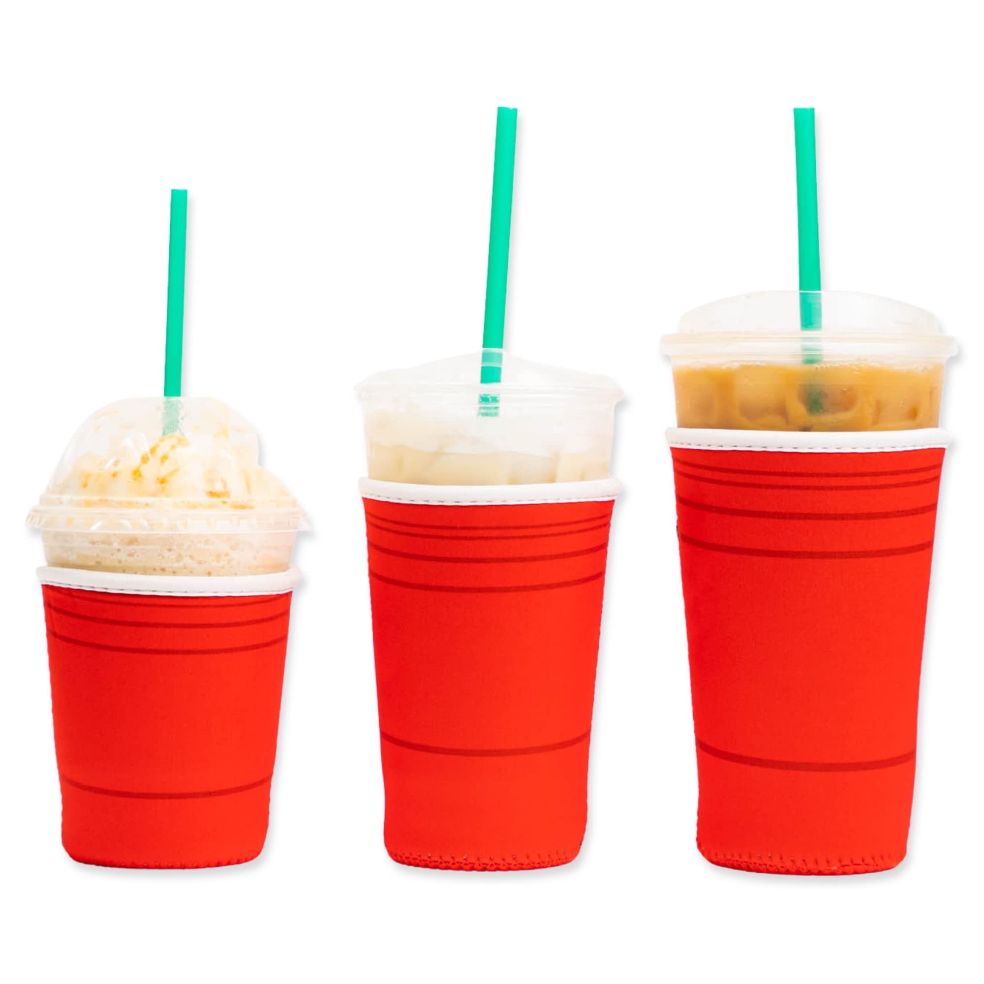 Baxendale And Co Iced Coffee Sleeve For Cold Drink Cups 3 Pack, Sm-Med-Lg, 3Mm Thickness (3 Pk Sm-Med-Lg, Red Cup)