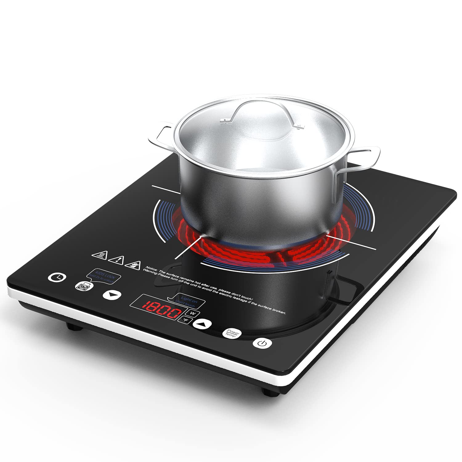Electric Cooktop 110v,Single Burner Electric Stove Infrared Cooktop Hot Plate 1800W,4-Hour Setting,Black Crystal Glass Surface C