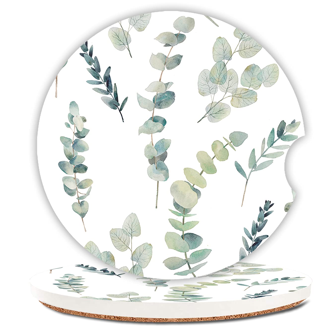 Green Leaf Watercolor Floral Absorbent Cup Holders Car Coasters,Ceramic Stone Drinks Coaster Set For Women Man 2.56''(2 Pack)