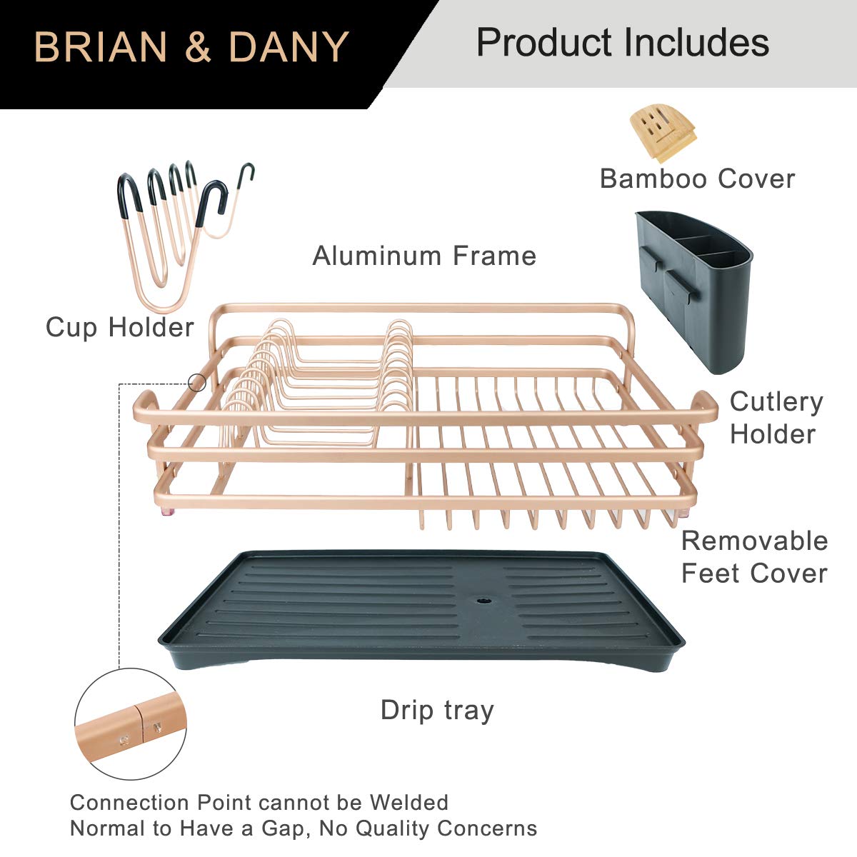 Brian & Dany Aluminum Dish Drying Rack, Dish Racks For Kitchen Counter, Dish Drainer With Removable Cutlery Holder & Cup Holder,