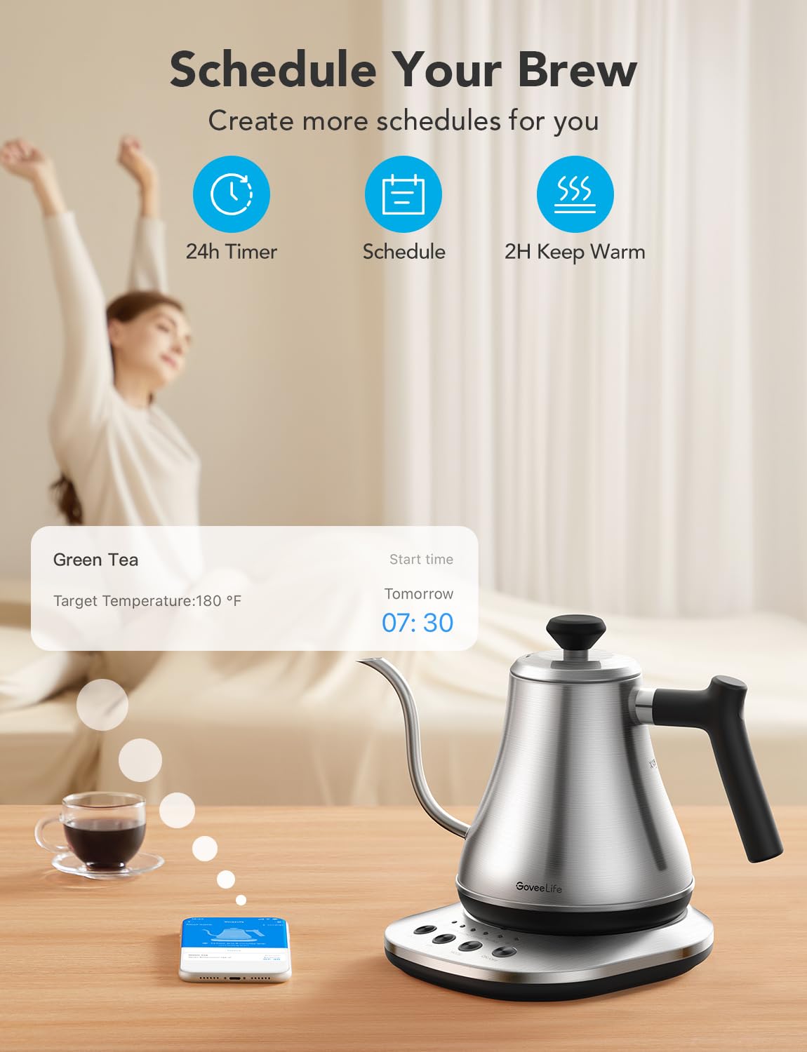 Goveelife Smart Electric Kettle, 0.8L Wifi Gooseneck Kettle Compatible With Alexa, 5 Modes For Use, 3-Minute Fast Heating And 2H