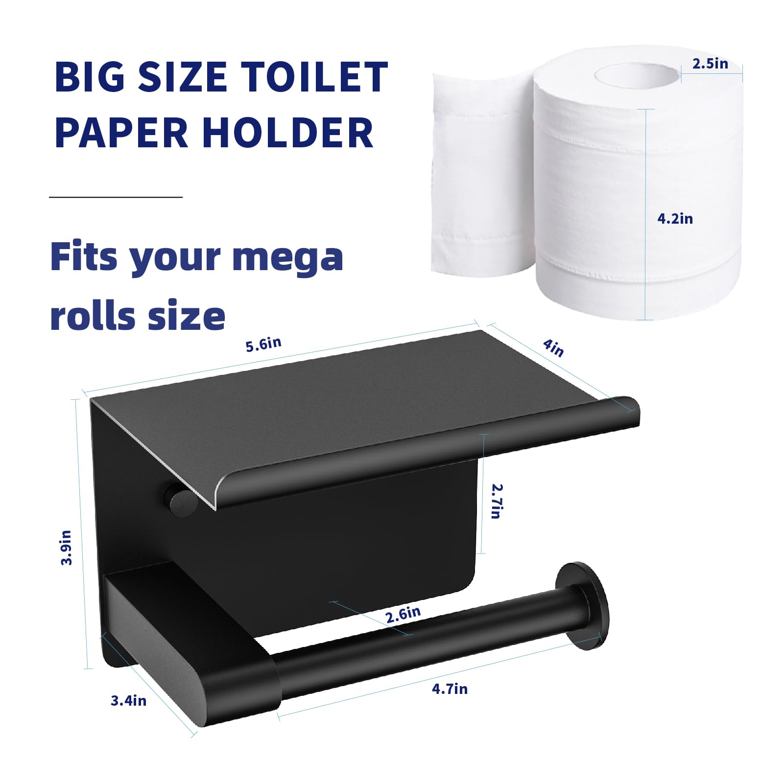 Glnlq Toilet Paper Holder Wall Mount, Fits Mega Rolls Size Matte Black Toilet Paper Holder With Shelf, Rustproof Stainless Steel