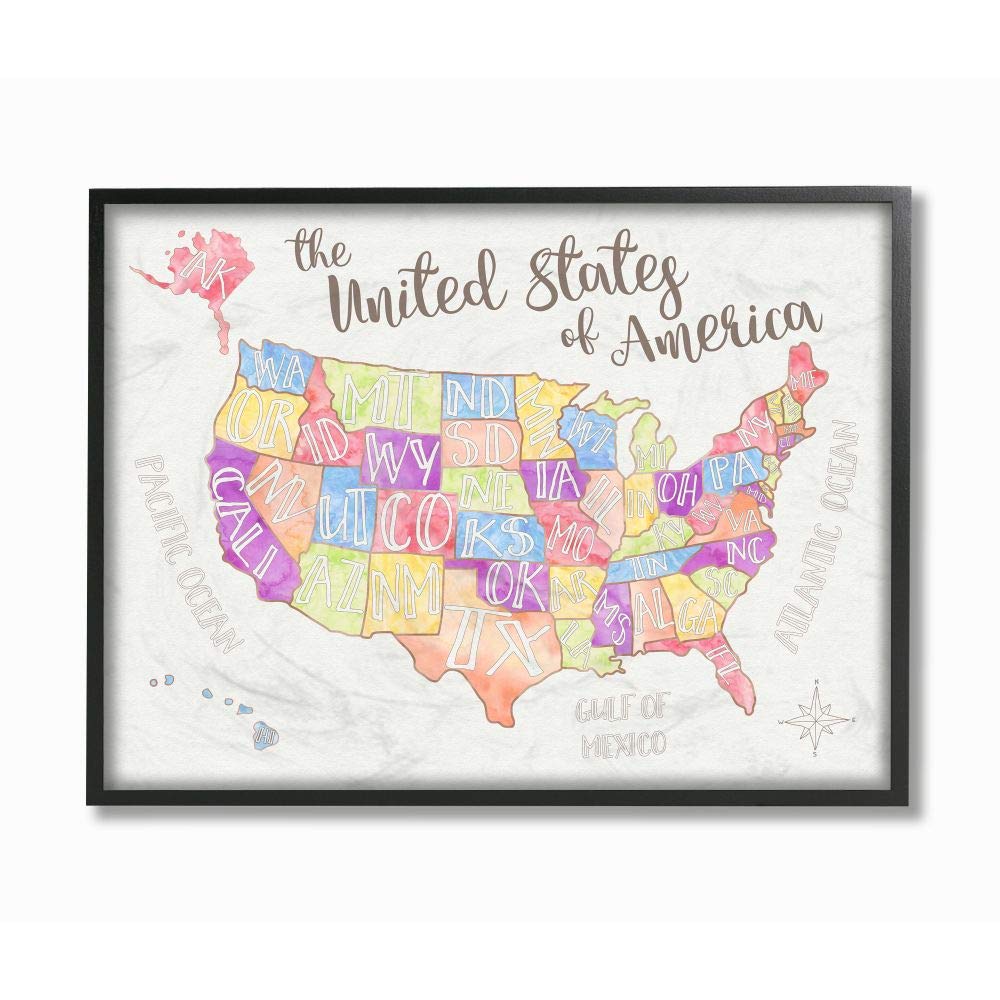 Stupell Industries United States US Map Water Color Black Framed Wall Art, 16x20, Design By Artist Erica Billups