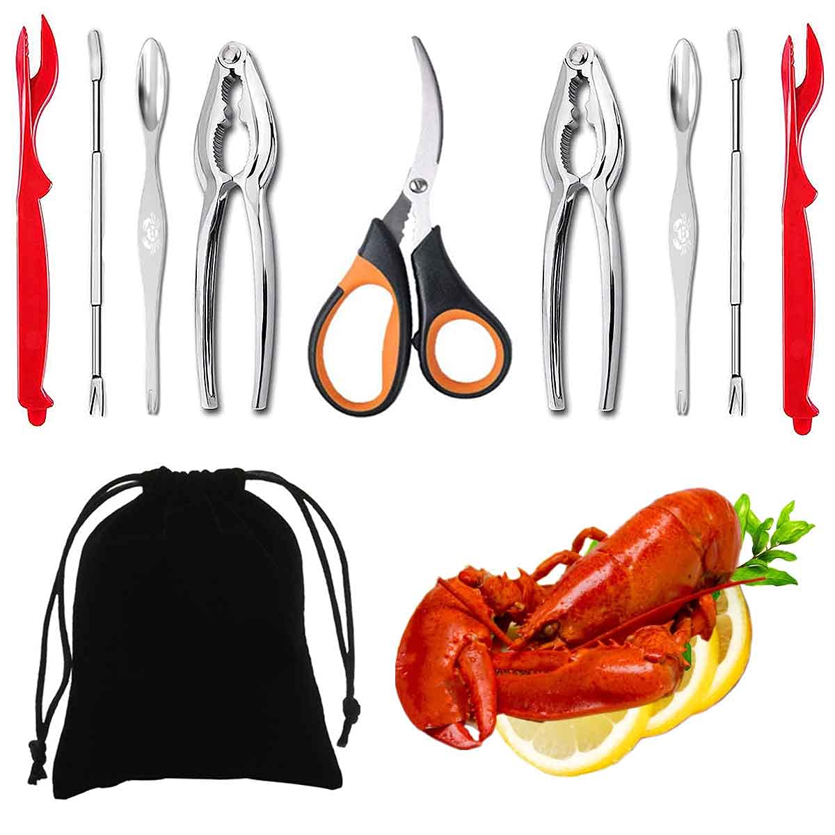 Artcome Seafood Tools Set - 2 Crab Crackers, 2 Lobster Shellers, 2 Seafood Forks, 2 Wide Crab Forks, 1 Seafood Scissors And 1 St