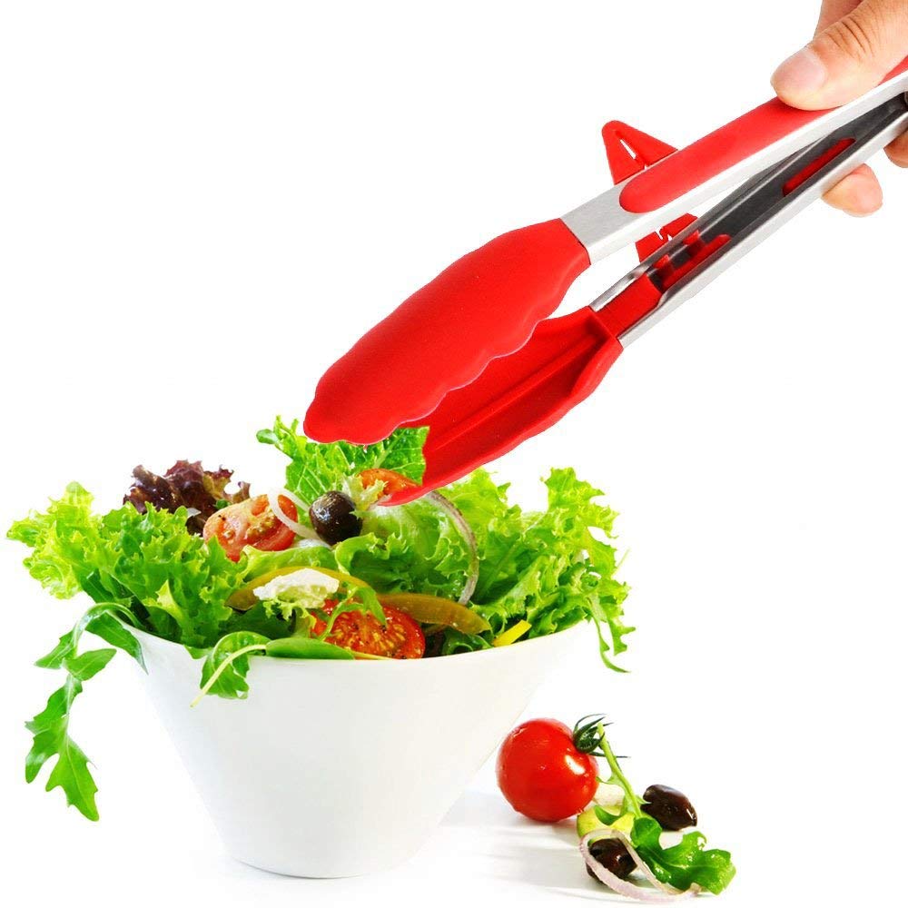 WeCef Kitchen Tongs Set  Salad & Grill Stainless Steel Serving Tongs With Silicone Tips(9Inch, Red)