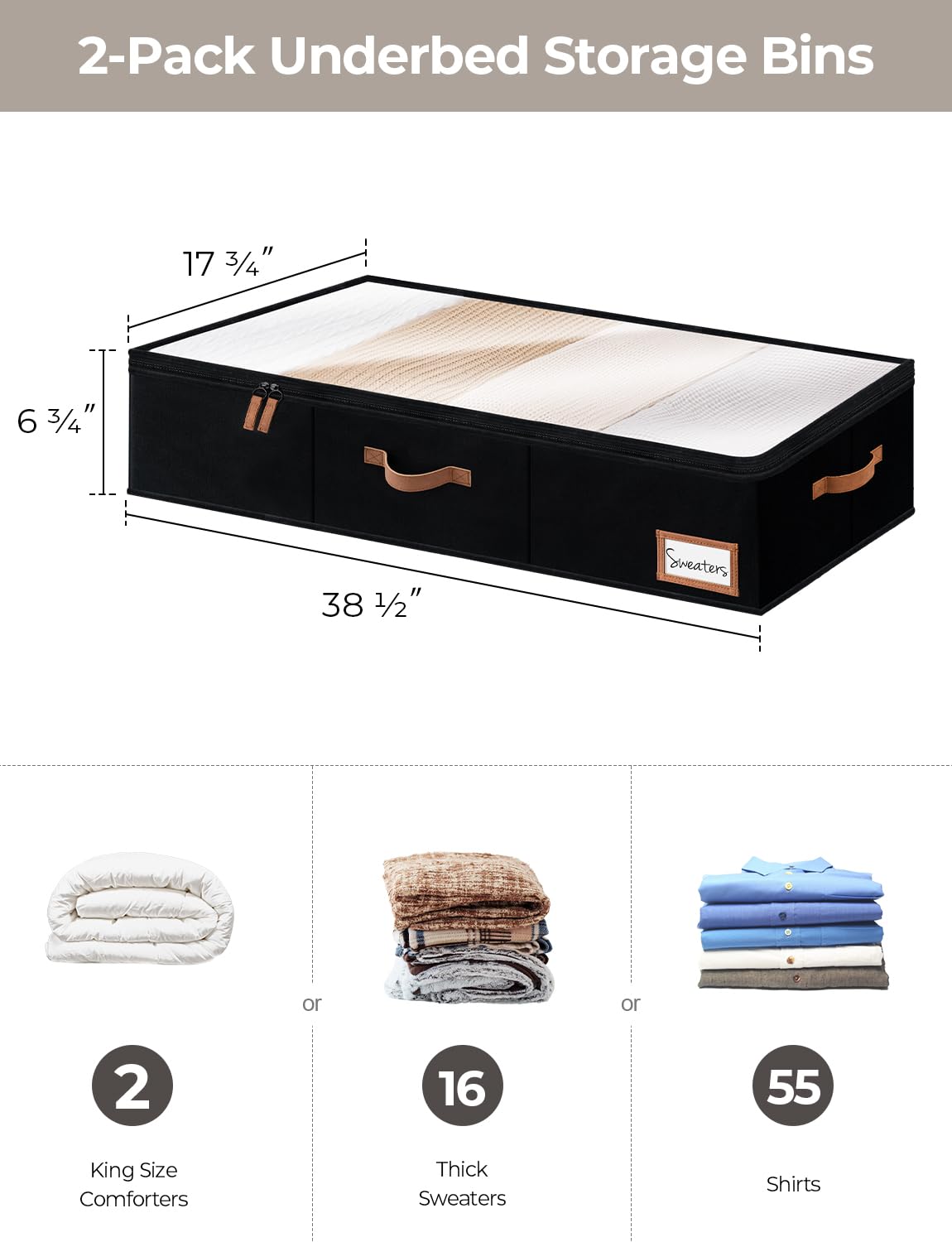 StorageWorks Underbed Storage Bins, Under Bed Storage Containers with Zippers, Closet Organizer for Clothes, Blankets, Black, Ju