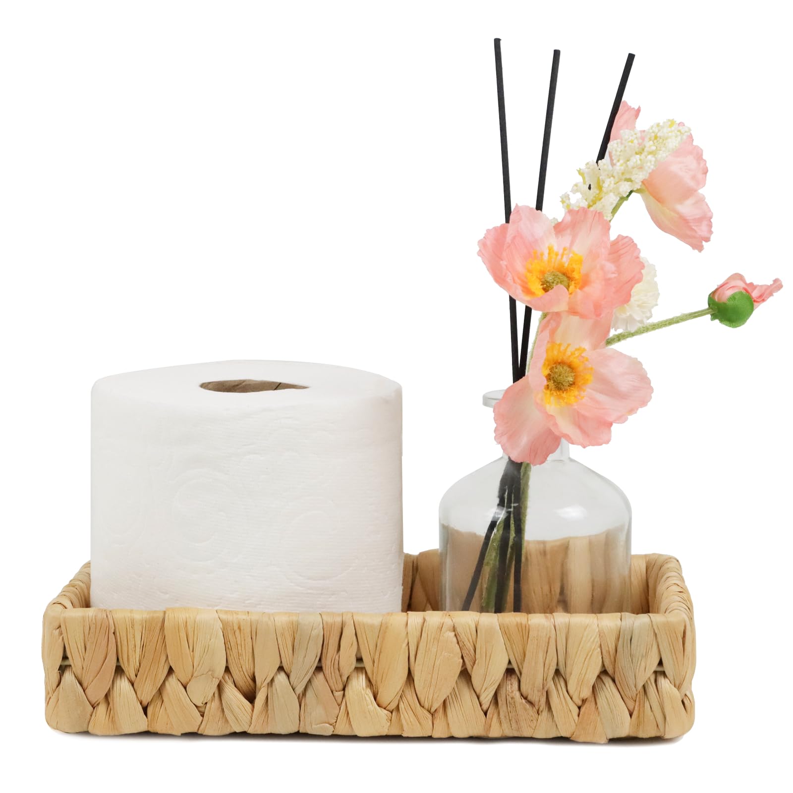 Bathroom Tray Countertop, 10 Inch Water Hyacinth Bathroom Basket, Toilet Tank Bathroom Vanity Tray, Rattan Wicker Tray for Bathr
