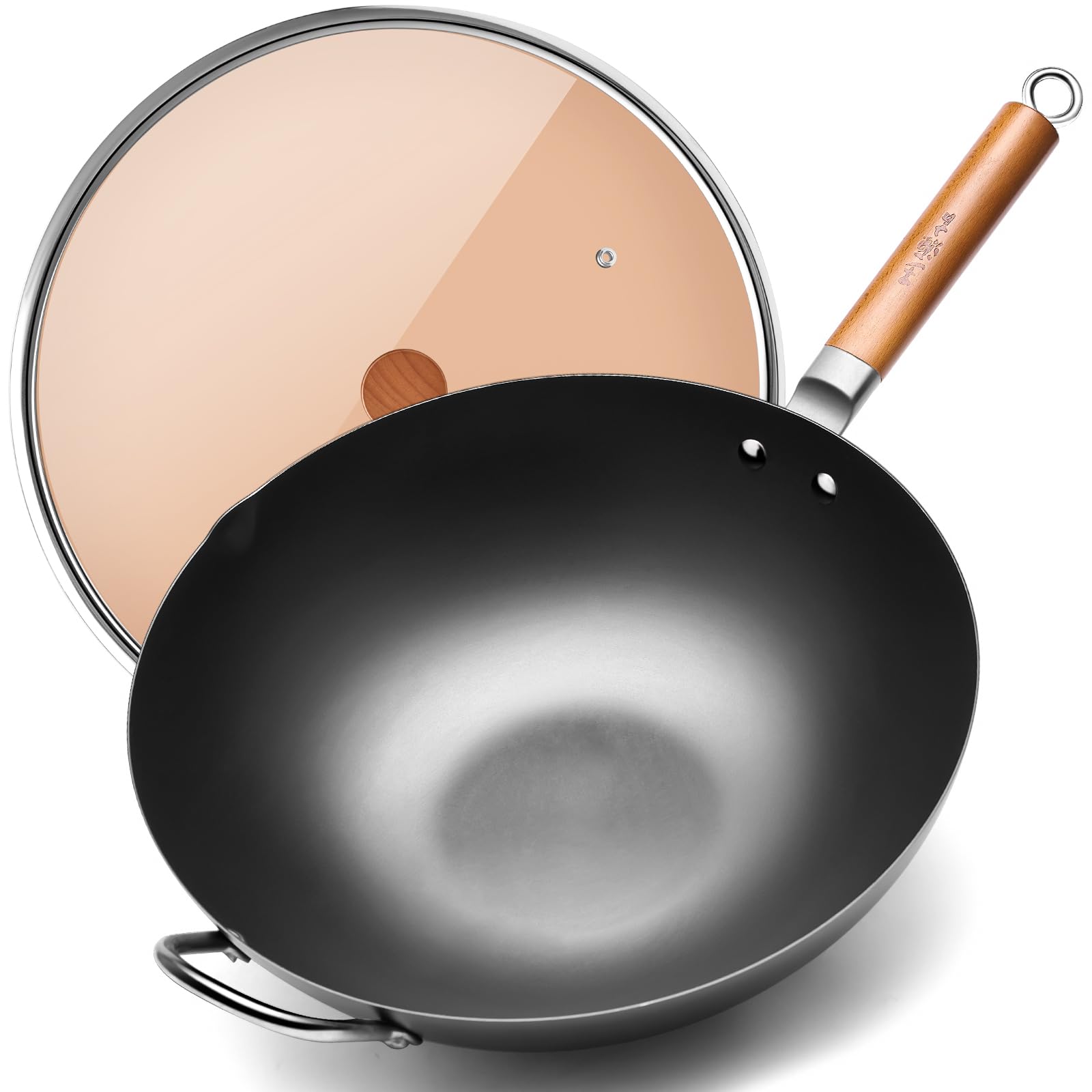 Wangyuanji 14.2-Inch Pure Iron Wok With Lid, Flat-Bottom Uncoated Stir-Fry Pan For Induction/Gas/Electric, Traditional Chinese W