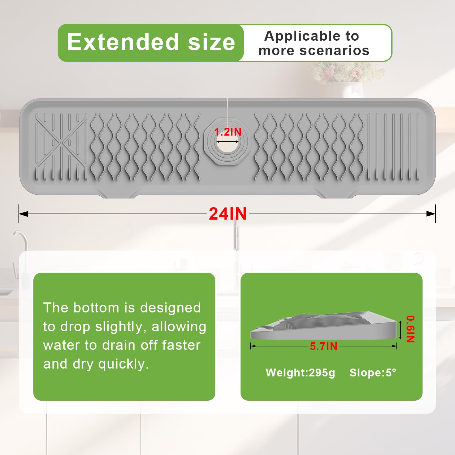 Mhyaludo Kitchen Sink Splash Guard, 24 Inches 5Slope 100% Food Grade Silicone Sink Faucet Mat Handle Drip Catcher Tray, Faucet A