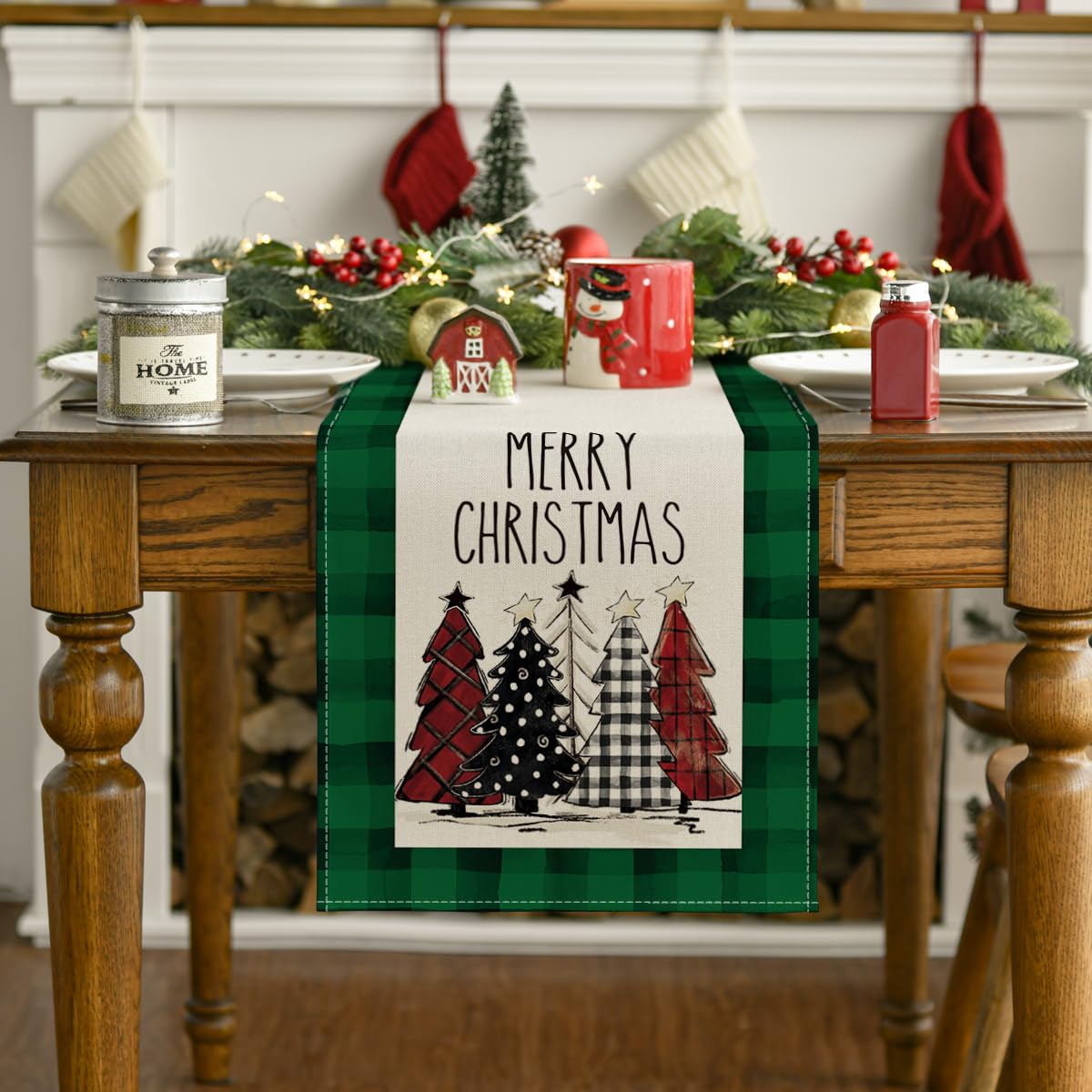 Artoid Mode Watercolor Green And Black Buffalo Plaid Christmas Trees Merry Xmas Table Runner, Seasonal Winter Holiday Kitchen Di