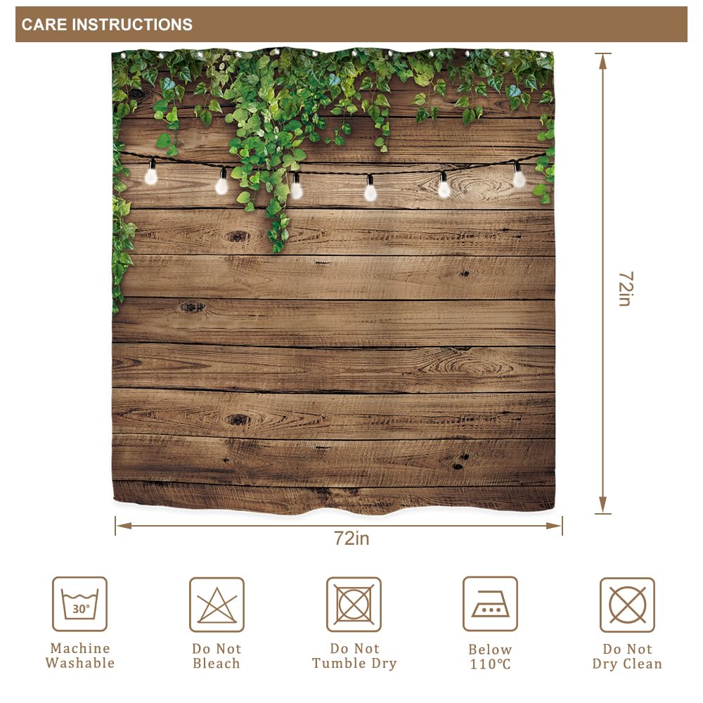 Riyidecor Rustic Farmhouse Outdoor Shower Curtain Wooden Bran Door Green Leaves Antique Brown Wall Lights Bathroom Home Decor Waterproof Polyester 72WX72H Inch 12 Pack Hooks