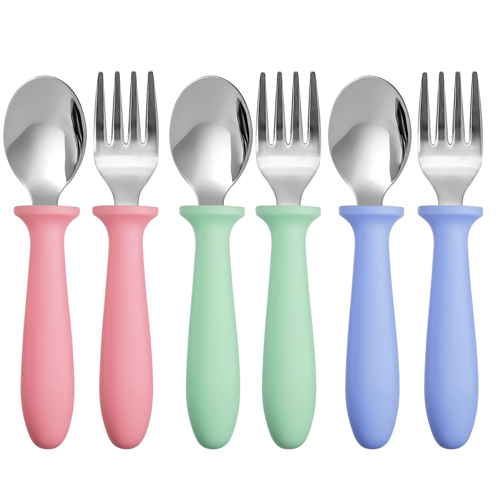 Pimoys 6 Pieces Toddler Utensils Forks and Spoons,Kids Silverware Set with Plastic Handle Stainless Steel Toddler Silverware,Dis