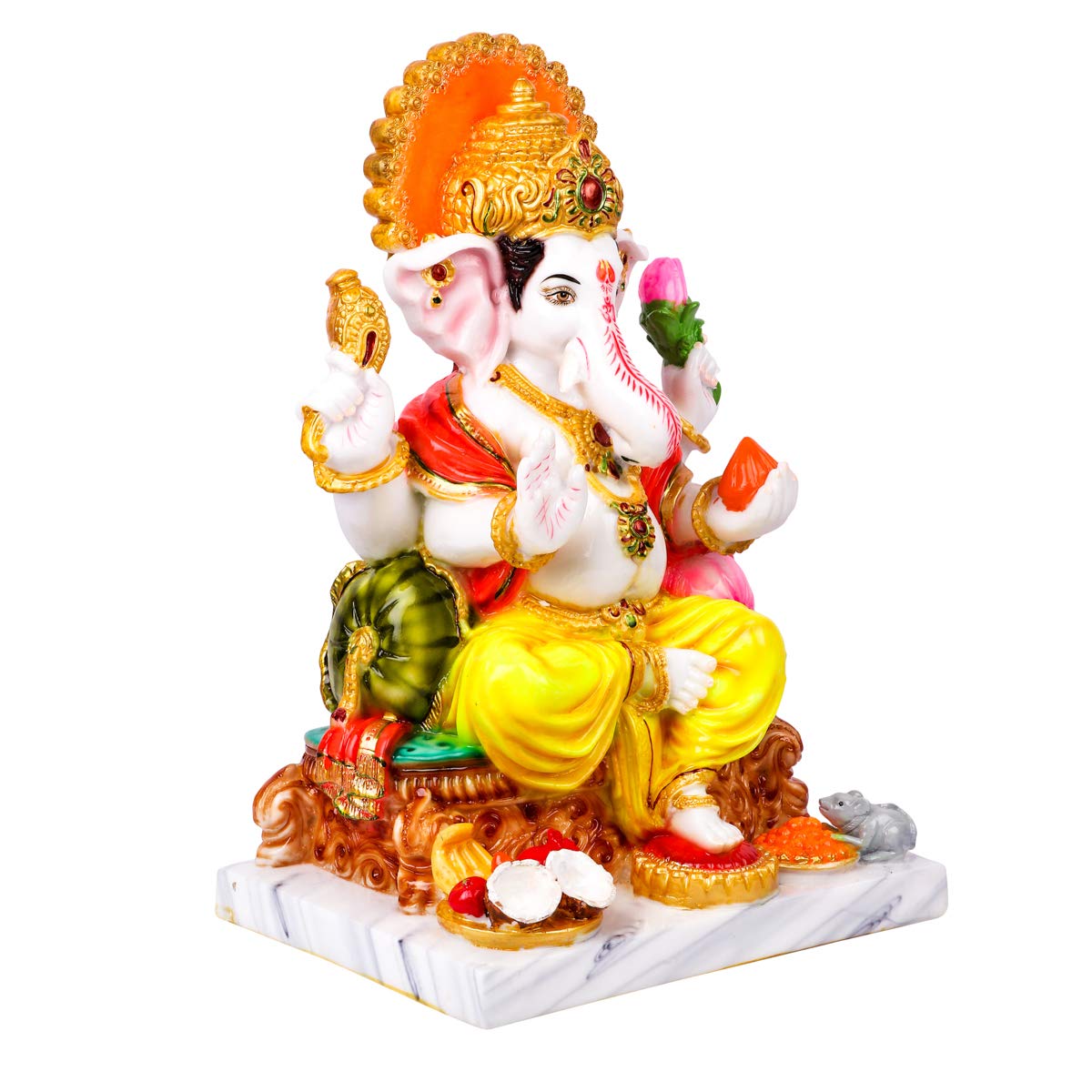 Divine Gifts Ganesh Marble Idol | Marble Statue | Murti for Pooja Room | Idols Home Decor (White & Golden) (Multi-Coloured, 12 I