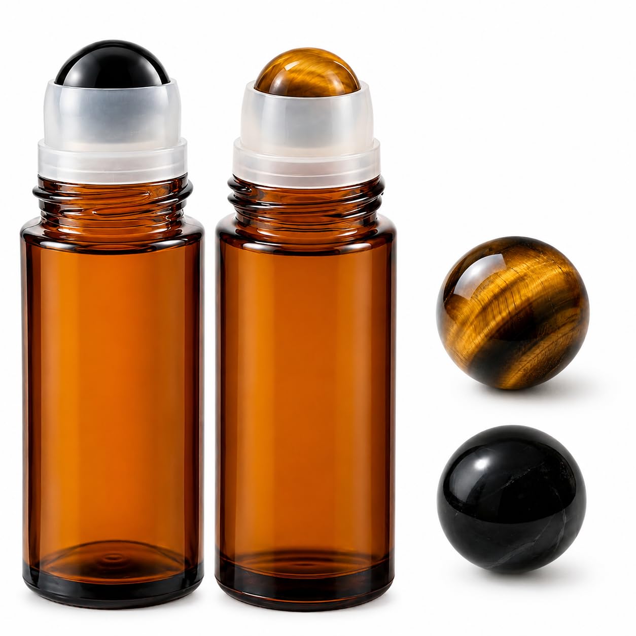 MOCOLIT Tiger Eye & Obsidian Roller Bottles, 2 Pack 50ml Amber Glass Roll On Bottles with Natural Crystal Balls, Refillable Roll