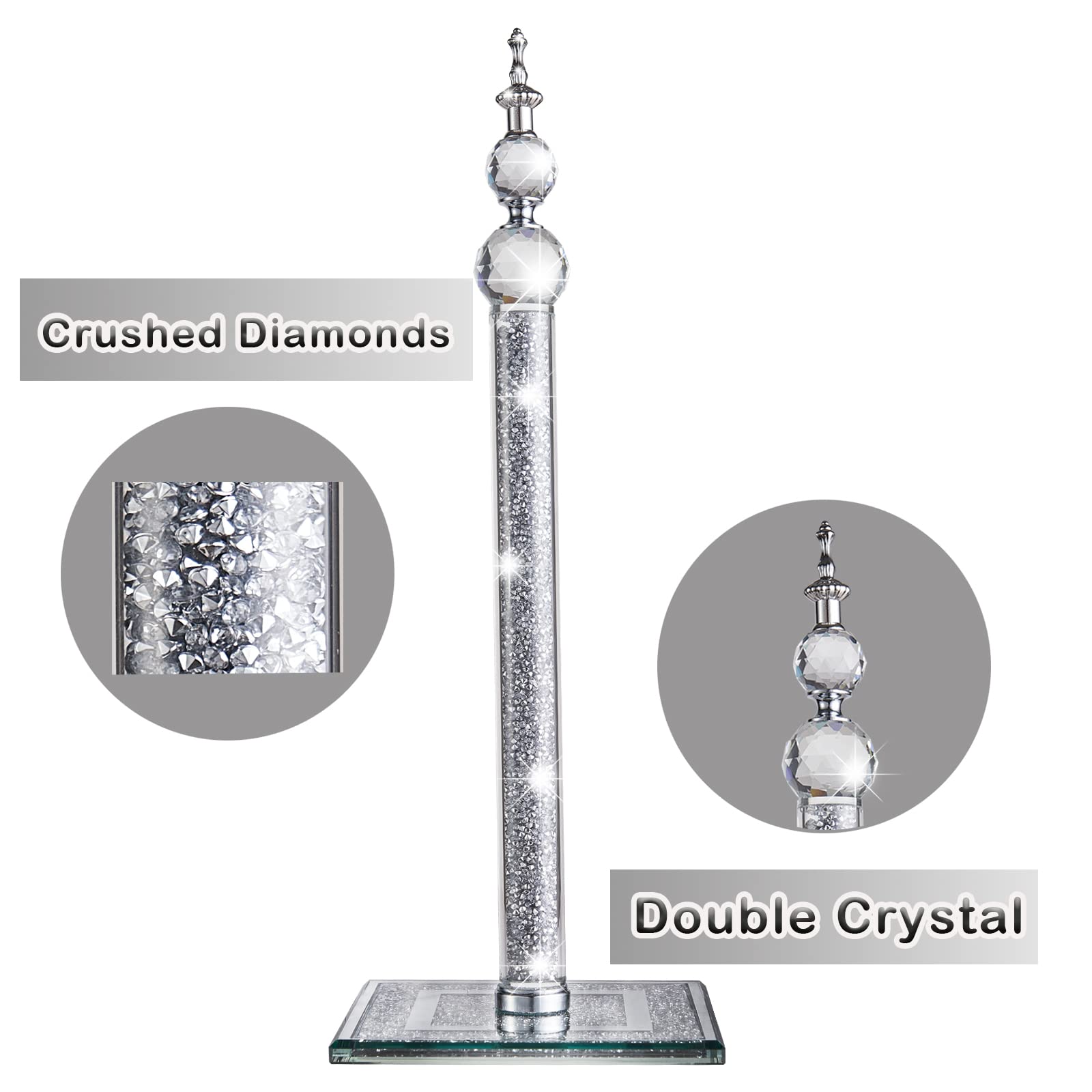 Handmade Silver Paper Towel Roll Holder,Crystal Crushed Diamonds Paper Towel Roll Decorative With Base Freestanding Holder For K