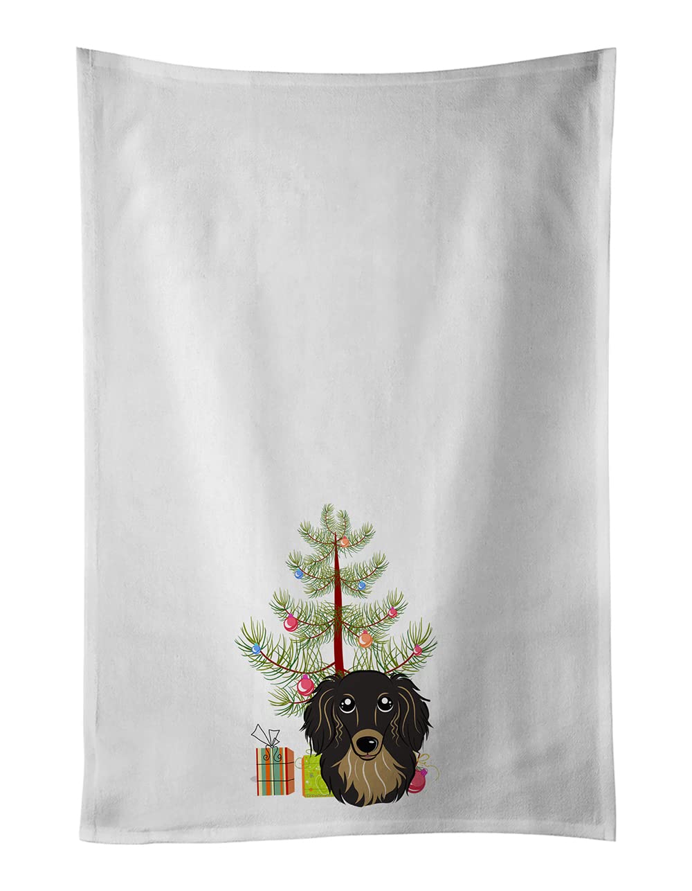 Christmas Tree and Longhair Black and Tan Dachshund White Kitchen Towel Set of 2