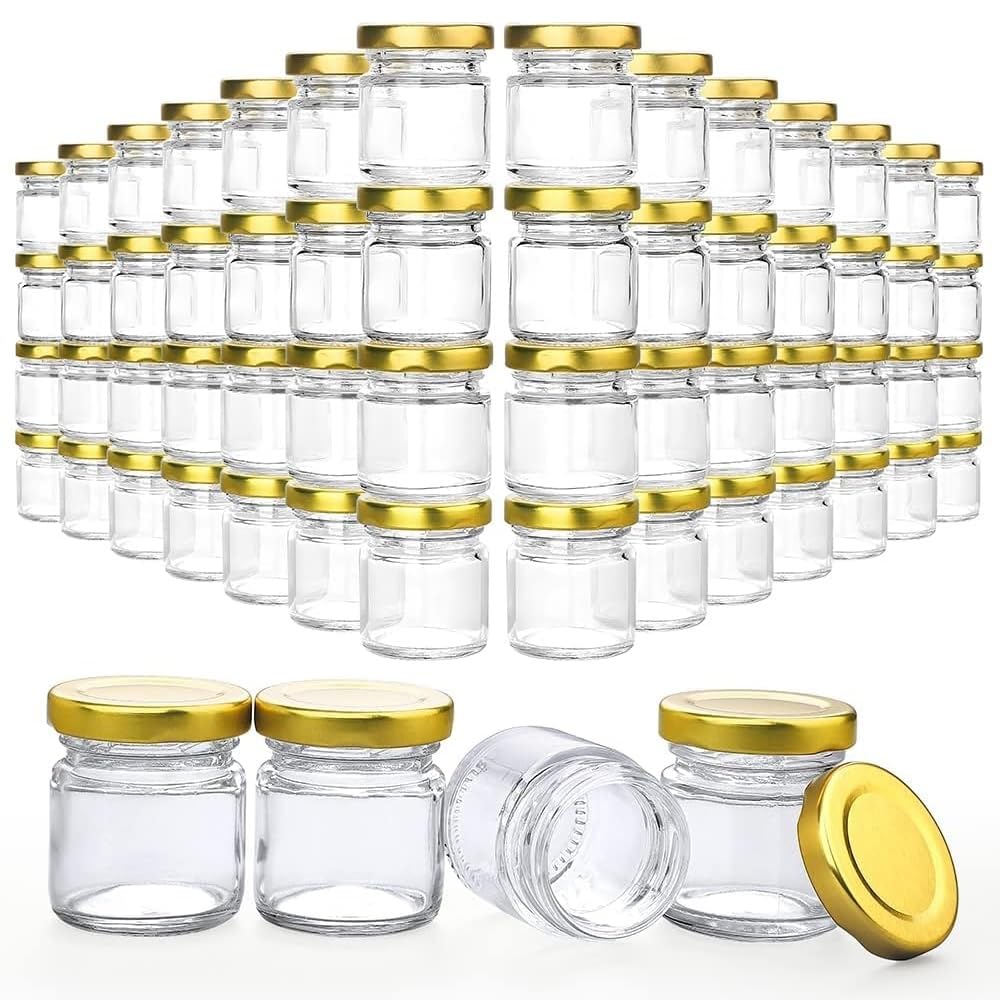 EVATTA Small Glass Jars with lid 50 ml - 84 Pieces Clear | Round Shape | Golden Airtight Metal Lid | mini glass jars | Mini Maso