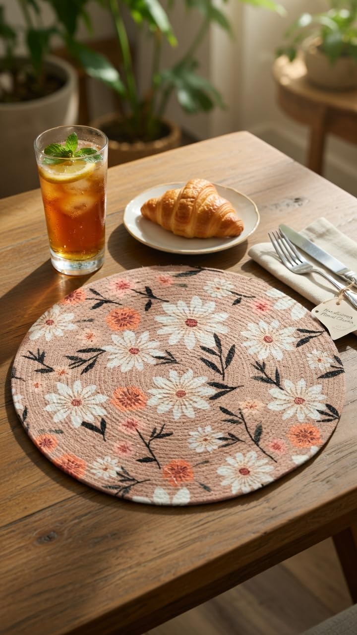 Round Placemat with Boho Abstract Print, Natural Terracotta and Black, Woven Table Mat(Pack of 2) (Peach Flower)