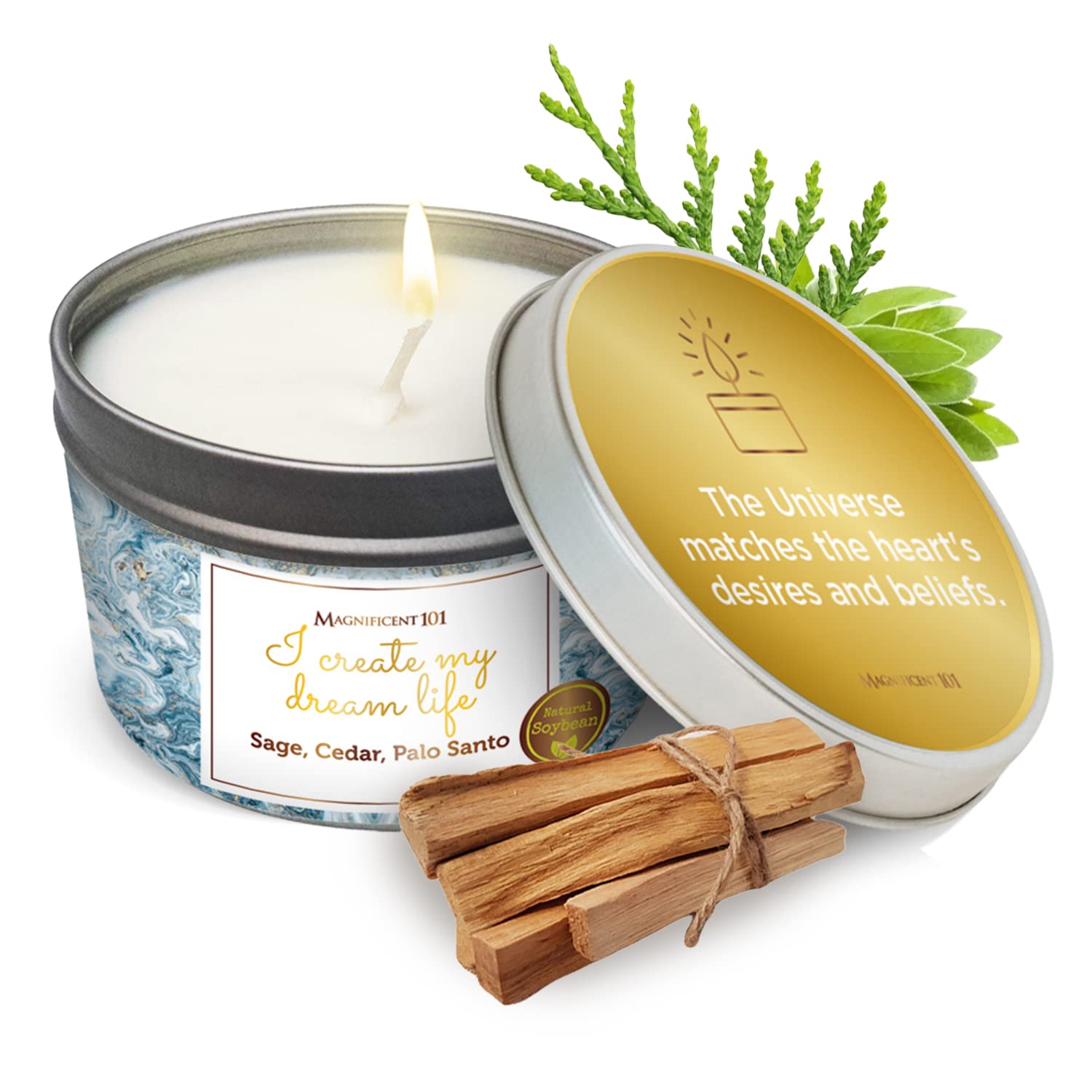 MAGNIFICENT 101 Affirmations Sage, Cedar, Palo Santo, Sprinkle of sage Leaves Smudge Candle for House Energy Cleansing, Banishes