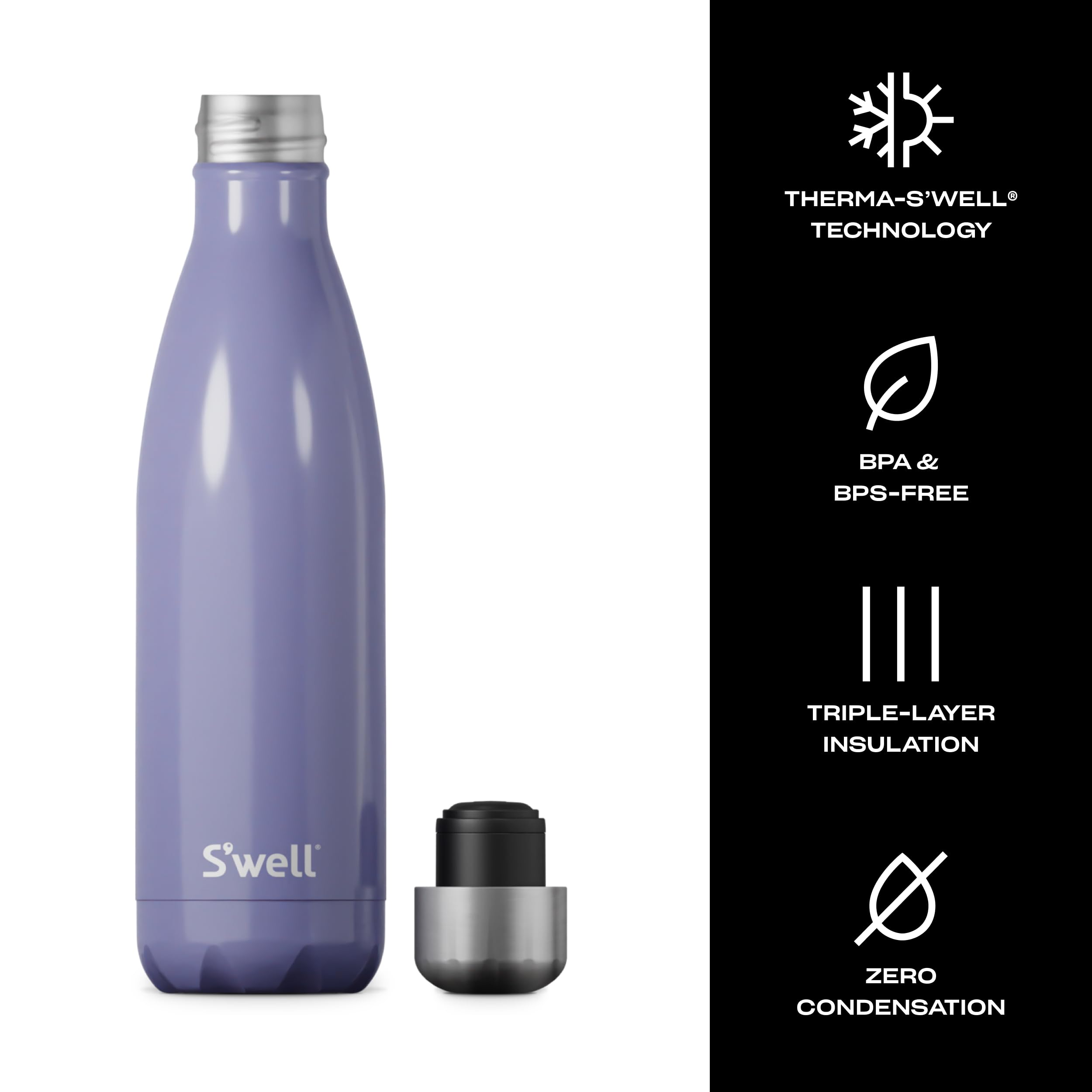S'Well Stainless Steel Water Bottle, 17Oz, Hillside Lavender, Triple Layered Vacuum Insulated Containers Keeps Drinks Cold For 3