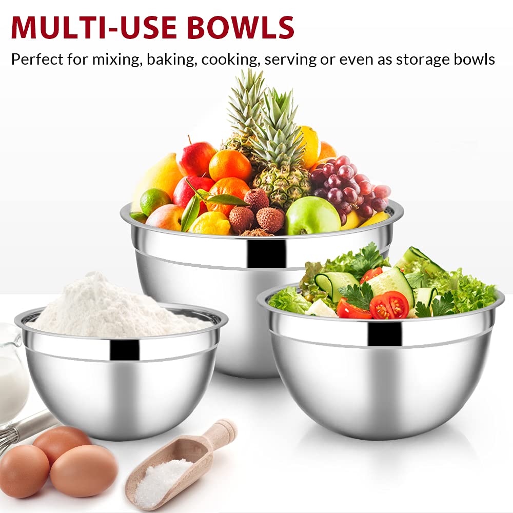 E-far Stainless Steel Mixing Bowls Set of 5 with Airtight Lids, Black, Sizes 0.7QT to 4.6QT, Dishwasher Safe