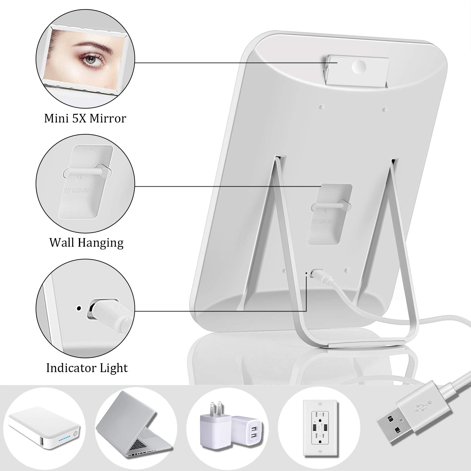 Kookin Lighted Vanity Makeup Mirror With Lights 3 Color Lighting Modes Rechargeable Touch Screen Adjustable Tabletop Wall Hangin