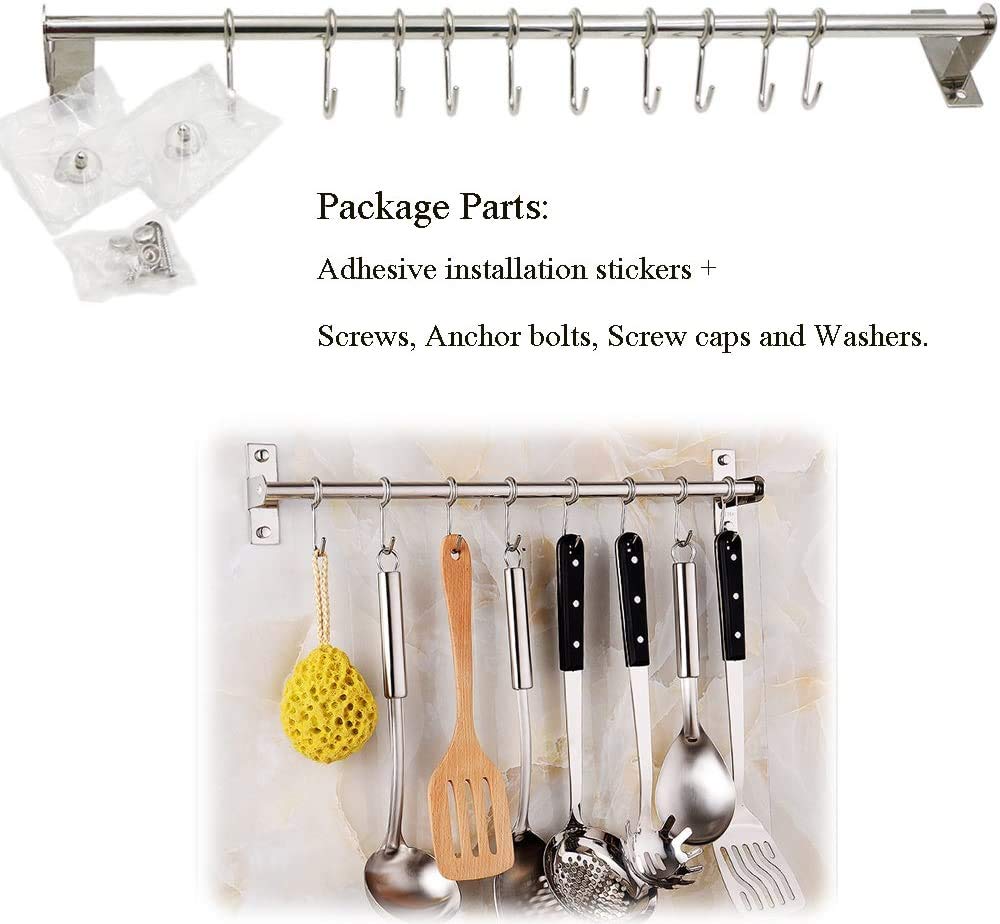 Petilleur Kitchen Sliding Hooks  Stainless Steel Hanging Rack Rail Organize Kitchen Tools with 10 Utensil Removable S Hooks for Towel  Spoon  Coats  Bathrobe  BBQ Wall Mounted Hanger (60CM 10 Hooks)