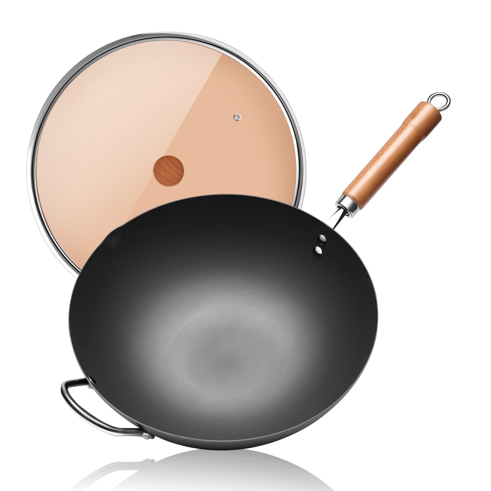 WANGYUANJI Carbon Steel Wok Pan, 13.4 Woks & Stir-Fry Pans with Glass Lid No Chemical Coated Flat Bottom Iron Wok for Induction,