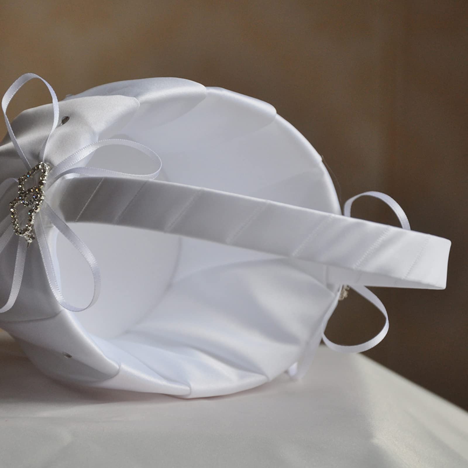 Ring Bearer Pillow And Wedding Flower Girl Basket Set With Double Heart Rhinestone White Satin Wedding Basket And Ring Pillow Se