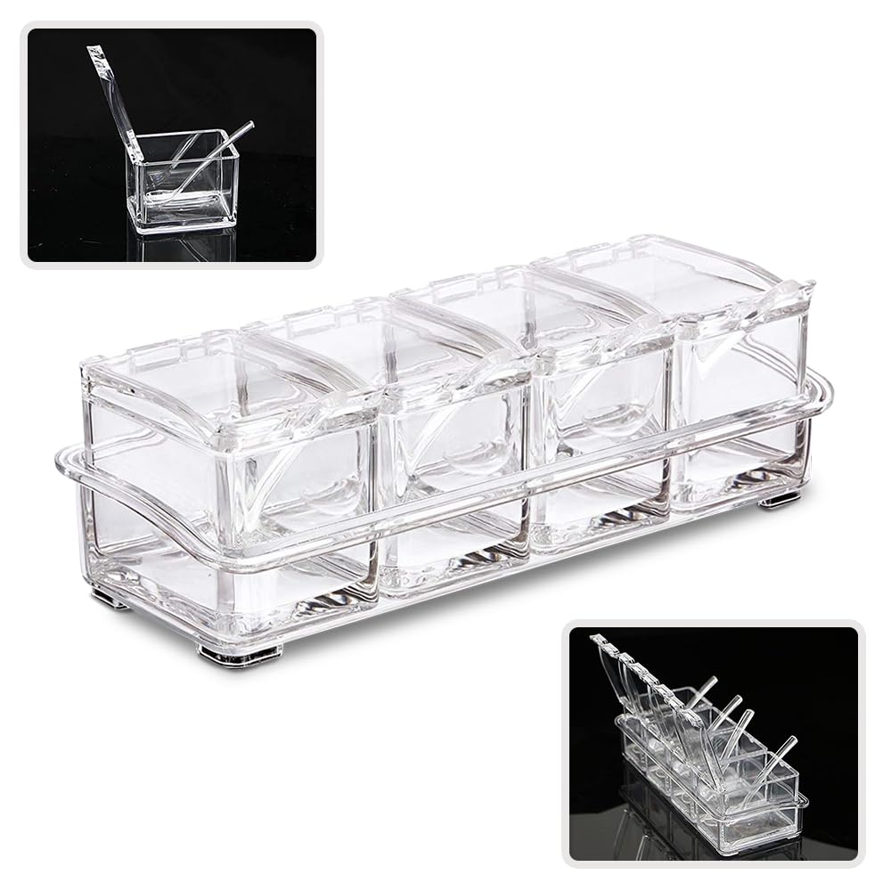 Karomouj Kma388 Masala Container | 4Grid Transparent Masala Dabba | Acrylic Spice Box With Serving Spoons For Masala, Salt, Pep