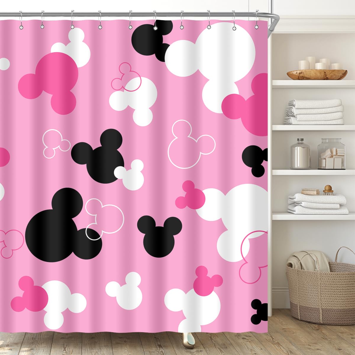 Biysuc Pink Mouse Head Shower Curtain Black And White Children Cartoons Kids Bath Curtain Cute Animal Grey Bathroom Home Decor W