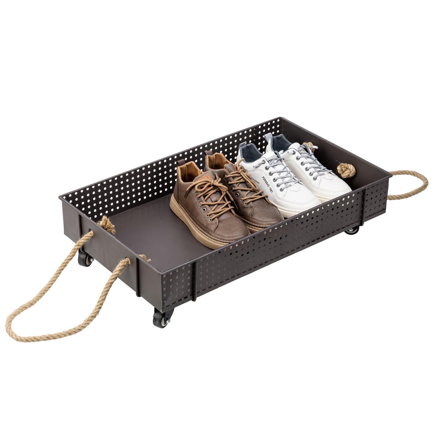 MyGift 26 Inch Industrial Brown Metal Entryway Boot Tray with Wheels and Decorative Rope Handles, Under Bed Storage Shoe Contain