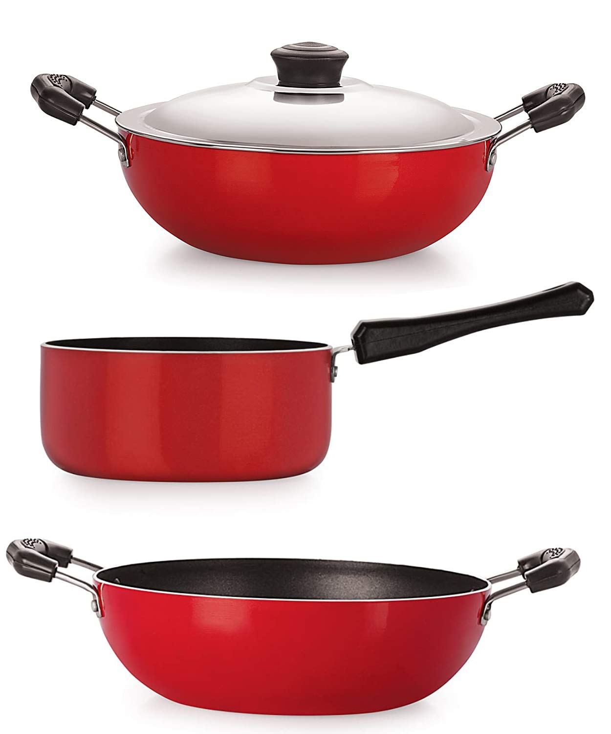 Best Cooking Ware Aluminium Non Stick Set Kadai 2 Liter, Deep Kadai With Lid Big 2.6 Ltr, Sauce Pan Medium 1.5 Liter