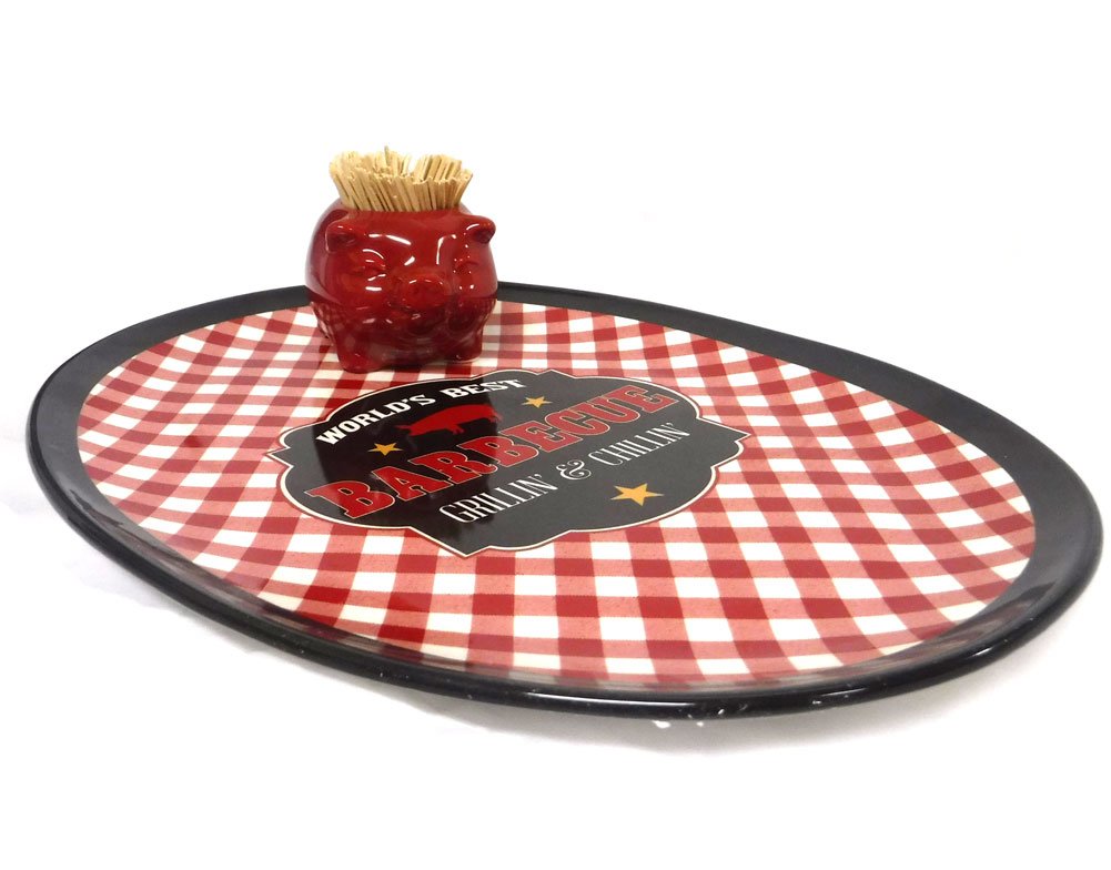 2 Piece Ceramic Platter And Pig Toothpick Holder Set
