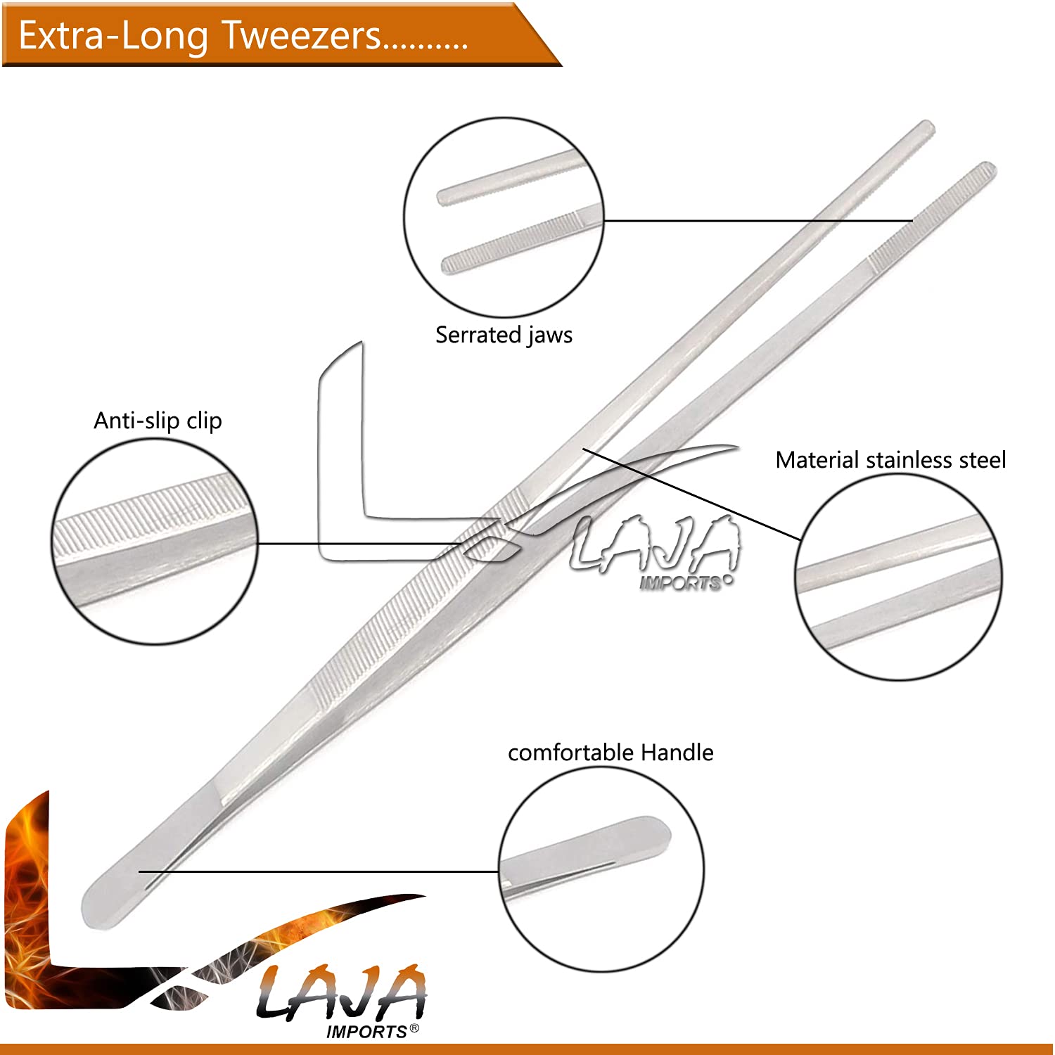 Laja Imports Stainless Steel Extra-Long 18 Inch Tongs Tweezers With Precision Serrated Tips For Garden, Kitchen, Indoor & Outdoo