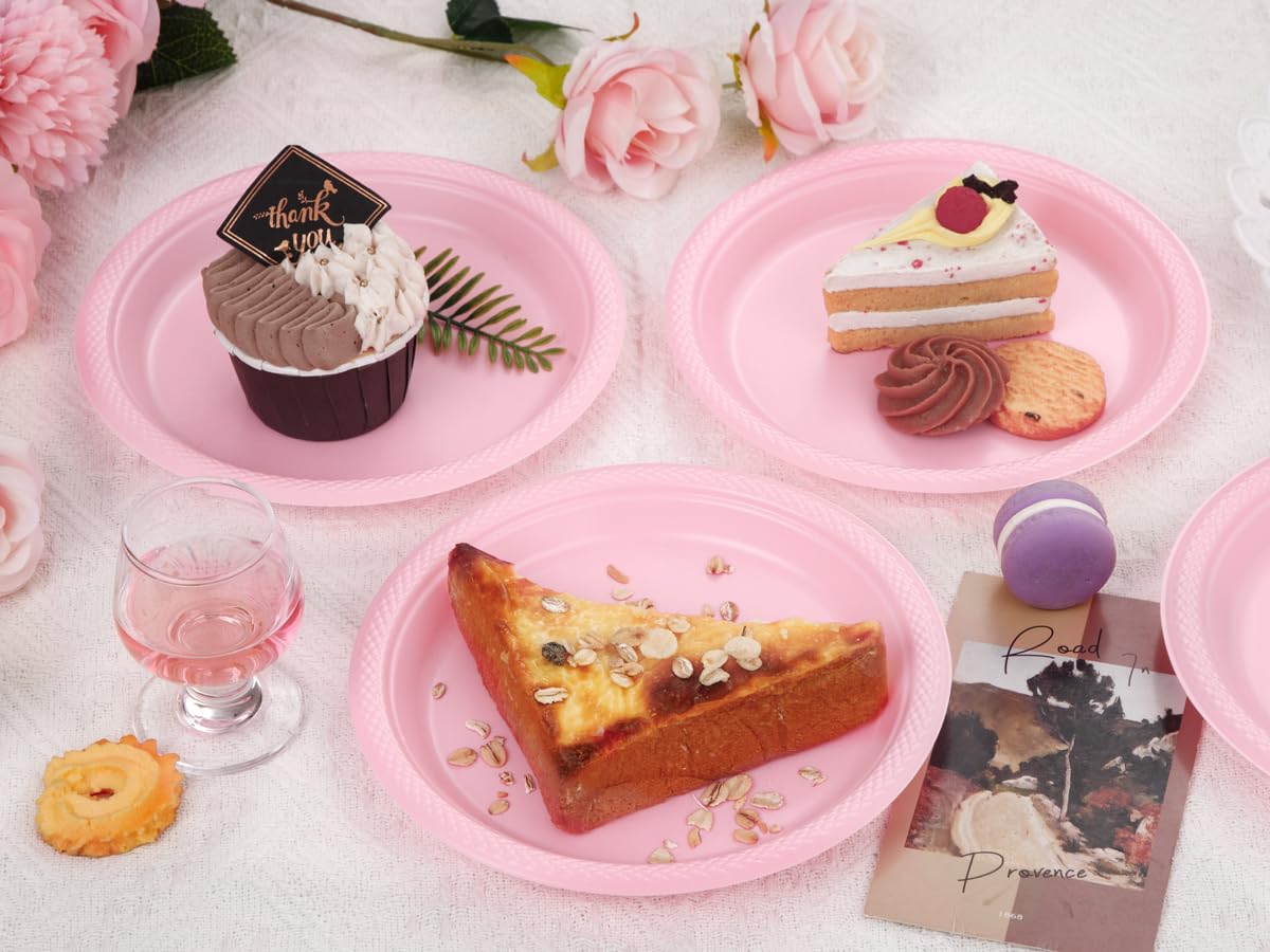 Wellife Pink Party Plates 7 Inch -150 Count, Disposable Plastic Light Pink Dessert Plates For Party Cake Valentine'S Day Easter