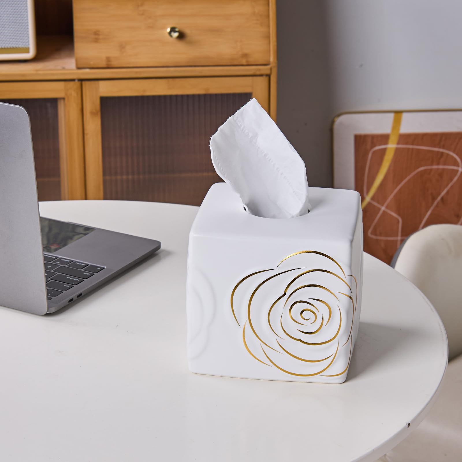 White Ceramic Cube Tissue Box Cover with Gold Rose - Large Elegant Rose Floral Square Decorative Tissue Box Holder for Bathroom,