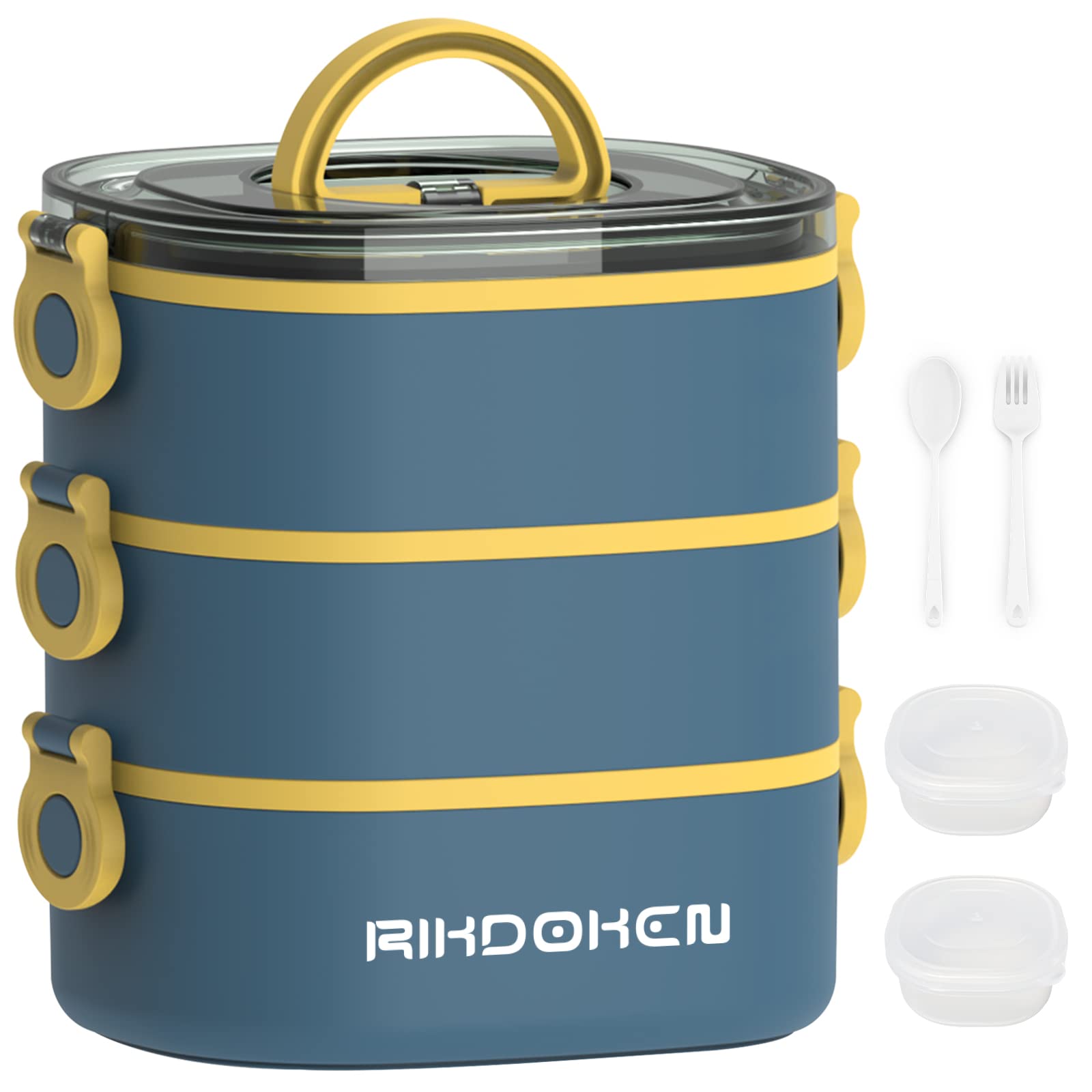 Rikdoken Lunch Box, Stackable 3 Layers Containers, Portable 94Oz Large Capacity Leakproof Bento Box With Spoon & Fork & Sauce Bo