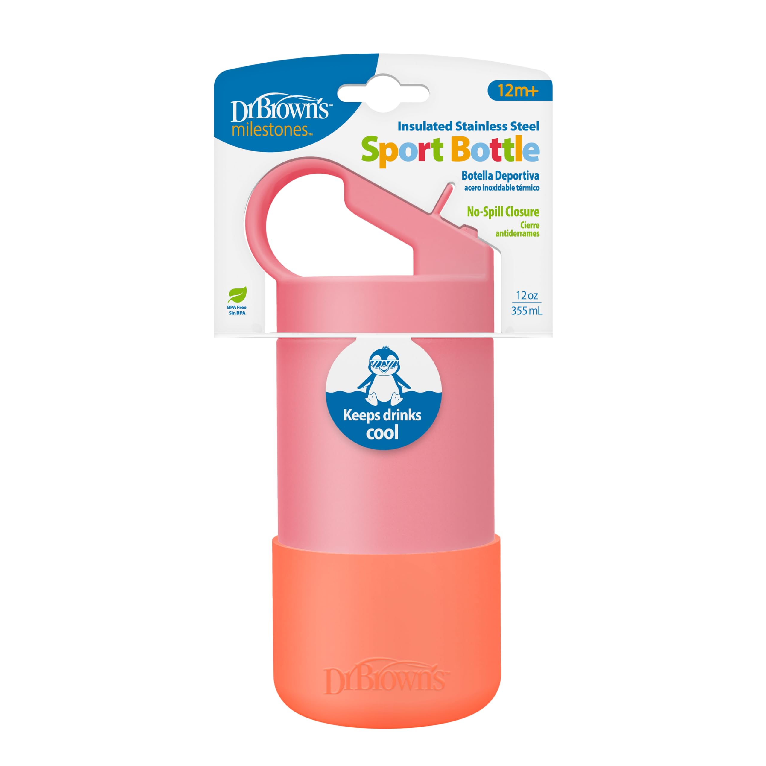 Dr. Browns Insulated Stainless Steel Water Bottle, Straw Lid, 12oz, Pink