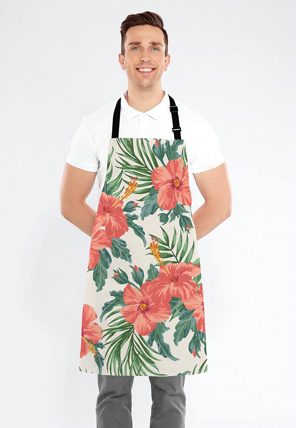 Lefolen Tropical Leaves And Hawaiian Flower Bib Apron With Adjustable Neck For Men Women,Suitable For Home Kitchen Cooking Waitr
