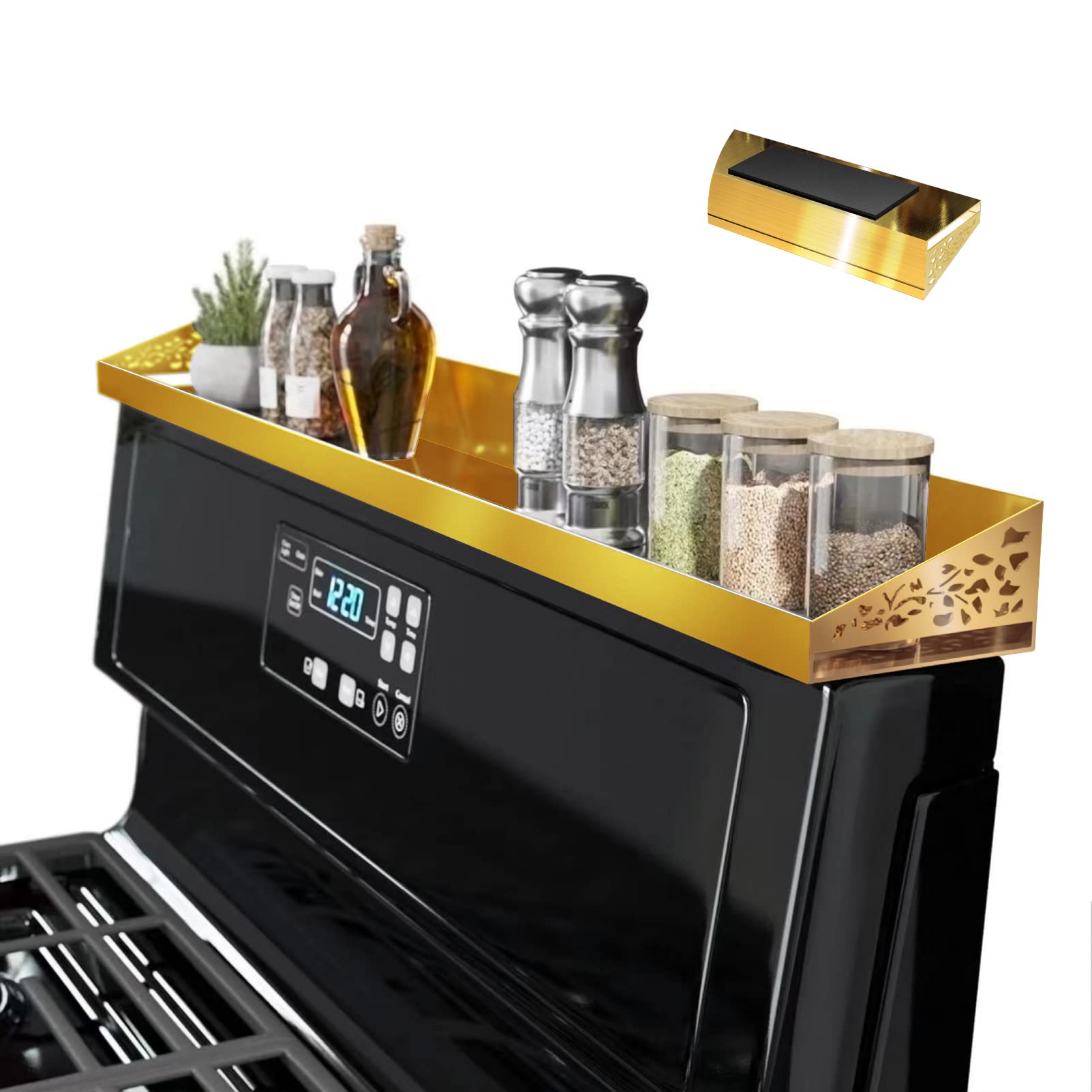 STUTOV 30 Magnetic Stove Top Shelf - Brushed Gold Spice Rack and Seasoning Organizer - Kitchen Shelf for Back of Stove - Over St