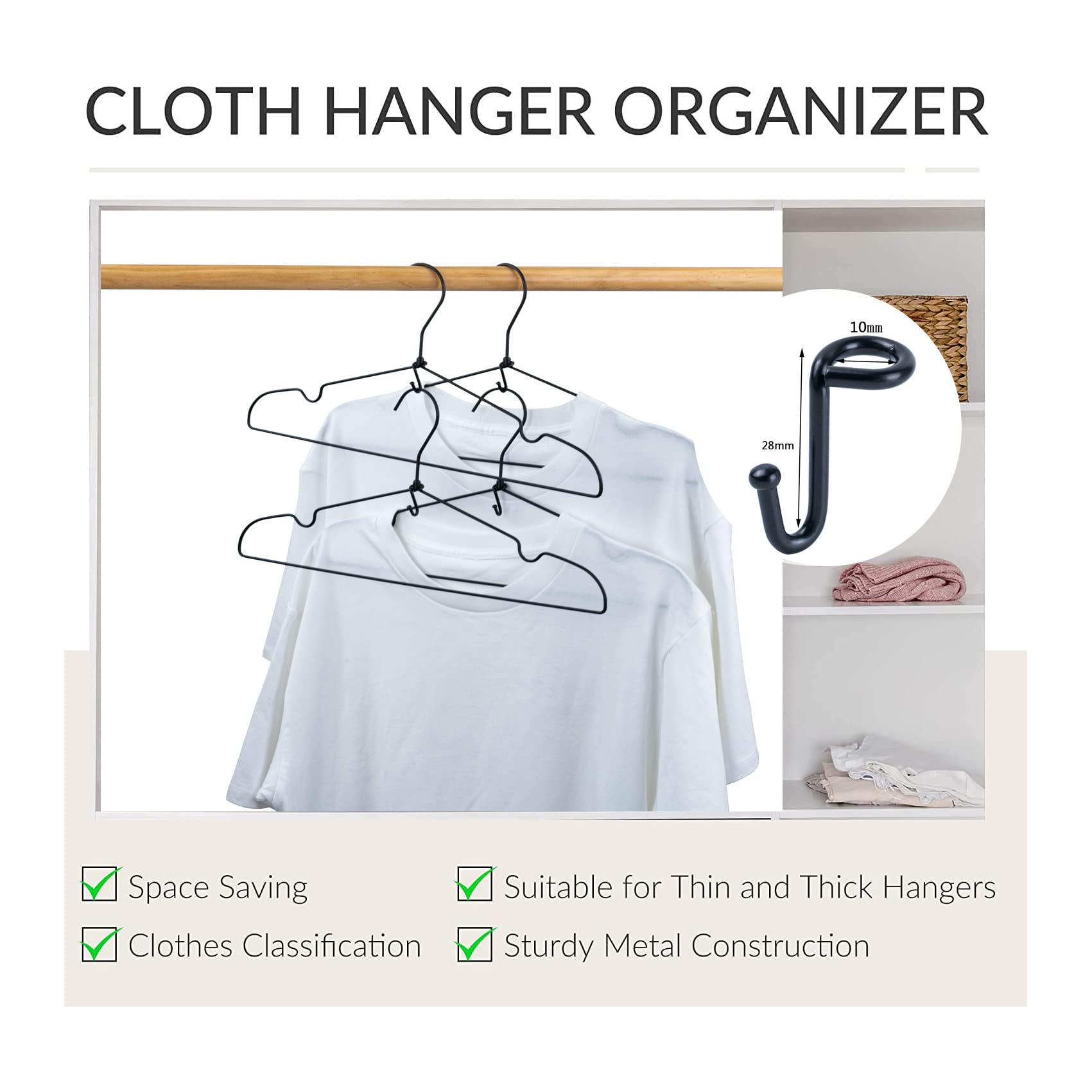 KOOBAY 36PCS Heavy Duty Clothes Hanger Connector Hooks - Space Saving Extender Clips for Wooden, Velvet, Metal, and Plastic Hangers, Black