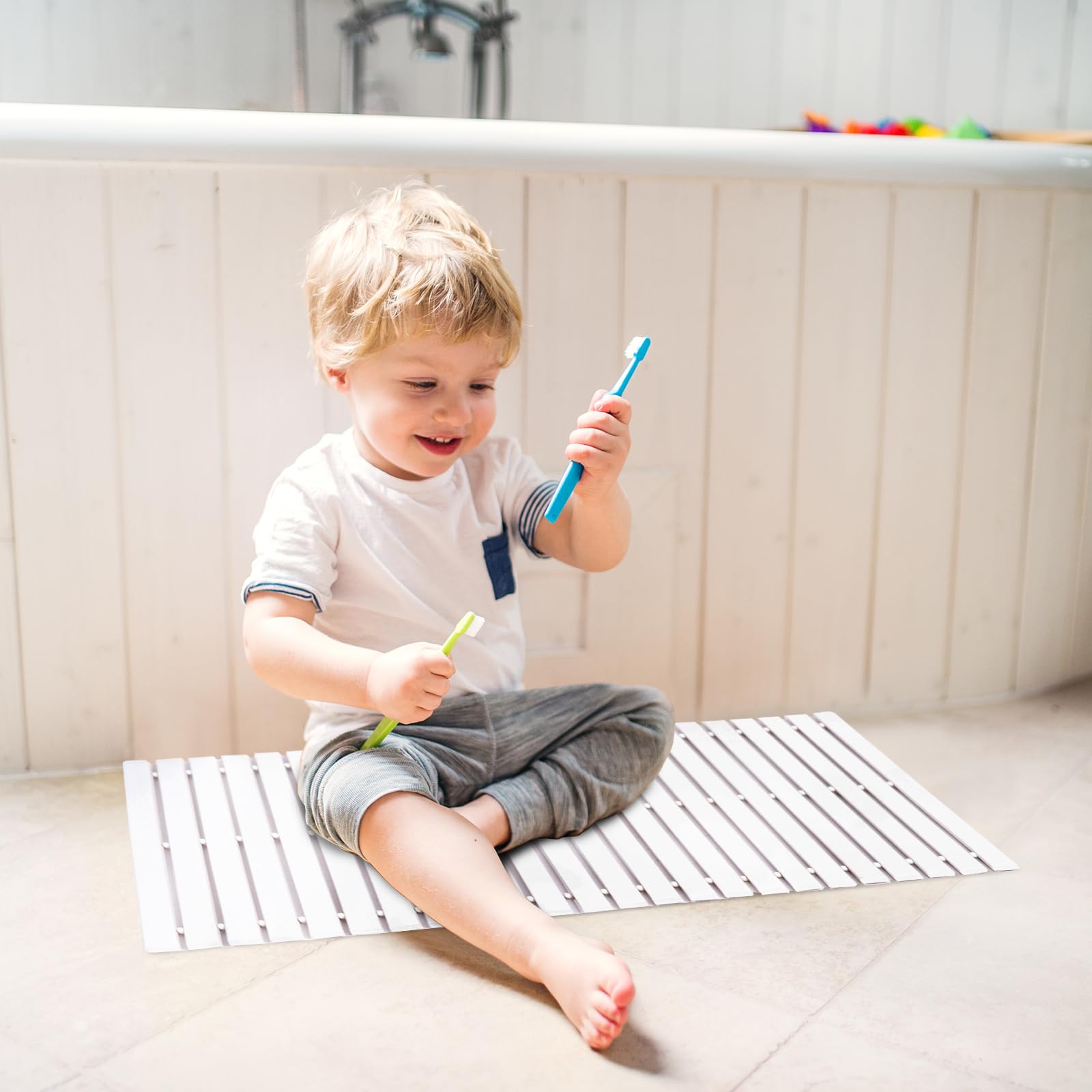Bamboo Bath Mat Bathroom Rugs Floor Wood Shower Bathtub Waterproof Non Slip White Bamboo Accessories 16x24 Inch Easy to Clean  2 pcs